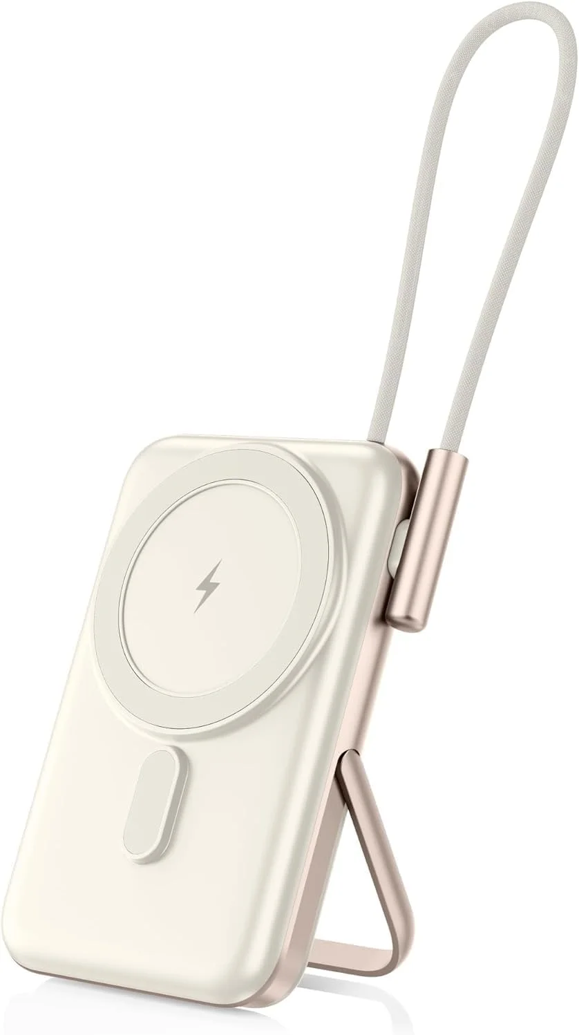 EKR 10,000mAh Power Bank with Stand, Built-in Cable, 20W PD Fast Charging for iPhone 16/15/14/13/12/11 series/Samsung 25Ultra/Android/Airpods (Titanium White)