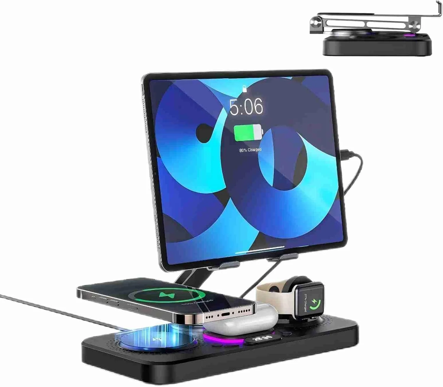 6-in-1 Wireless Charging Station, 15W Fast Charge for iPhone 16/15/14, Apple Watch, AirPods, iPad, Samsung | Foldable Travel Charger with Clock & Ambient Light (Black)