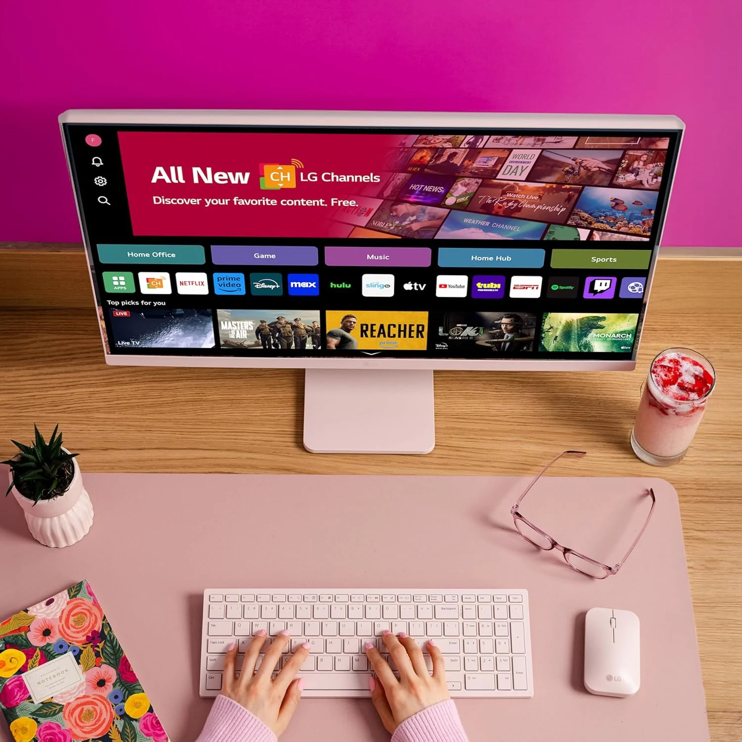 LG 27SR5BF-P 27-inch FHD (1920x1080) Smart Monitor with Streaming TV, webOS, Wireless Keyboard, Mouse, HDR10, IPS Display, webOS, Speaker, ThinQ App, Remote Control, Pink LG 27SR5BF-P 27-inch FHD (1920x1080) Smart Monitor with Streaming TV, webOS, Wireless Keyboard, Mouse, HDR10, IPS Display, webOS, Speaker, ThinQ App, Remote Control, Pink