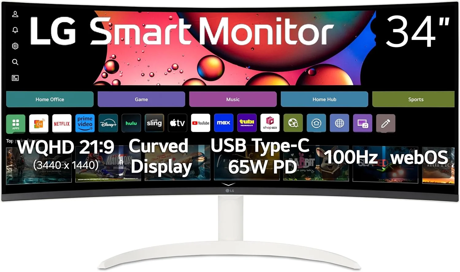 LG 34SR63QA-W 34 inch Smart Curved Monitor with Streaming TV, QHD 1440p, UltraWide Screen, USB Type-C 65W PD, 1800R, webOS, HDR10, 100Hz, Built-in Speaker, AirPlay2, Screen Share, Bluetooth, White