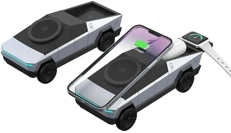 Cyberdock 3-In-1 Wireless Charging Station for iPhone with Car Model Design, Qi Certified Charger compatible for iPhone iWatch AirPod, Rotating Charger with Ambient Light, Grey, + 30W Adapter