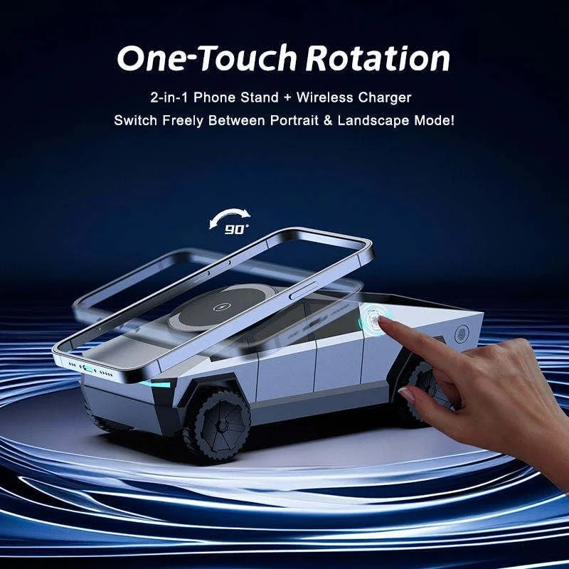 Cyberdock 3-In-1 Wireless Charging Station for iPhone with Car Model Design, Qi Certified Charger compatible for iPhone iWatch AirPod, Rotating Charger with Ambient Light, Grey, + 30W Adapter