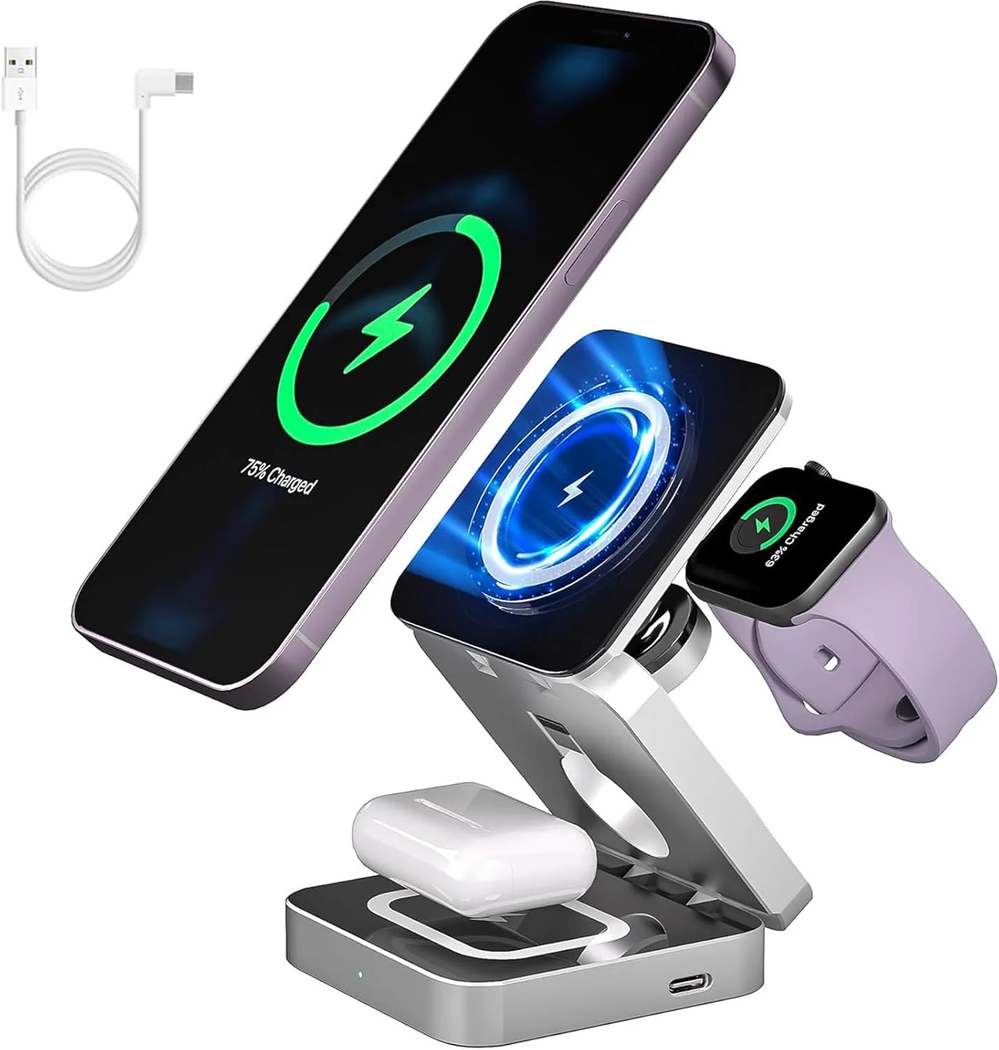 3 in 1 Wireless Charging Station,Adjustable MagSafe Portable Charger Stand iPhone Wireless Charging Station,Travel Charger for iPhone 16/15/14/13 Apple Watch 9/8/7/6/SE/5/4/3,AirPods 4/3/2/Pro
