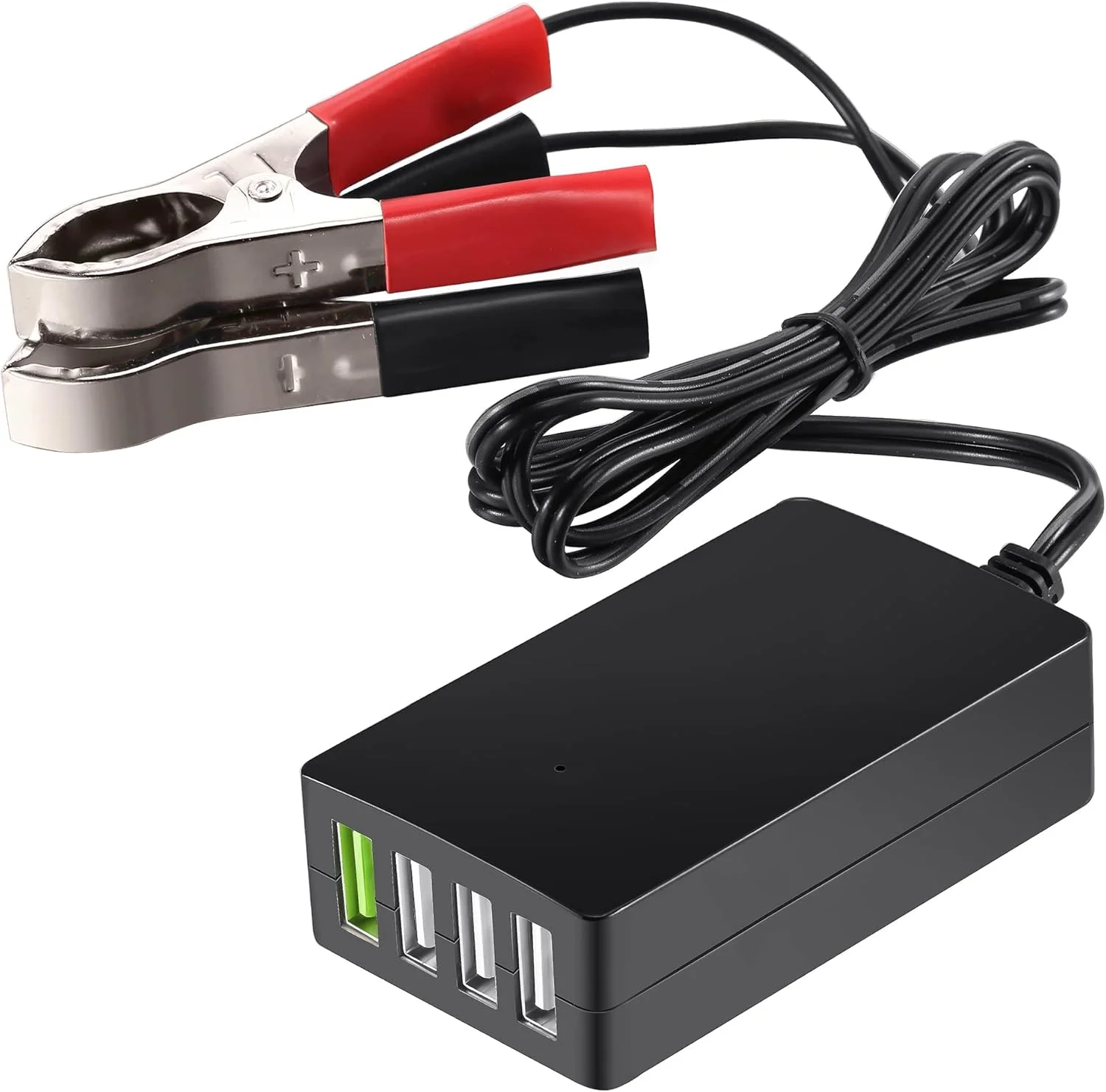 DC Converter with Battery Clip, Portable 12V/24B to 5N 4 Port USB Charger Multiport Power Adapter, Automatically Identify Shunt Charging Compatible with iPhone Ipad Galaxy Smart Phone & Tablets