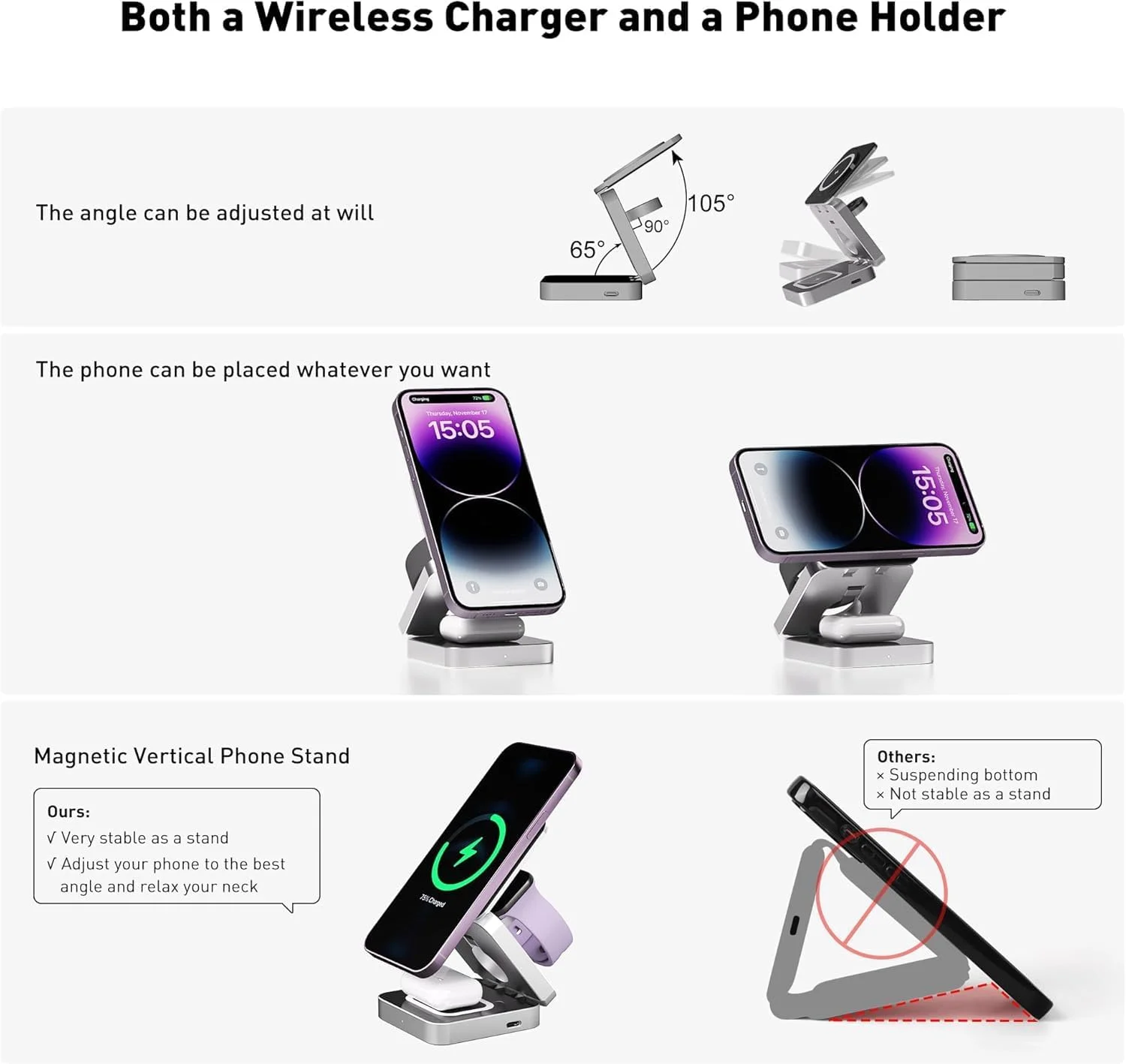 3 in 1 Wireless Charging Station,Adjustable MagSafe Portable Charger Stand iPhone Wireless Charging Station,Travel Charger for iPhone 16/15/14/13 Apple Watch 9/8/7/6/SE/5/4/3,AirPods 4/3/2/Pro