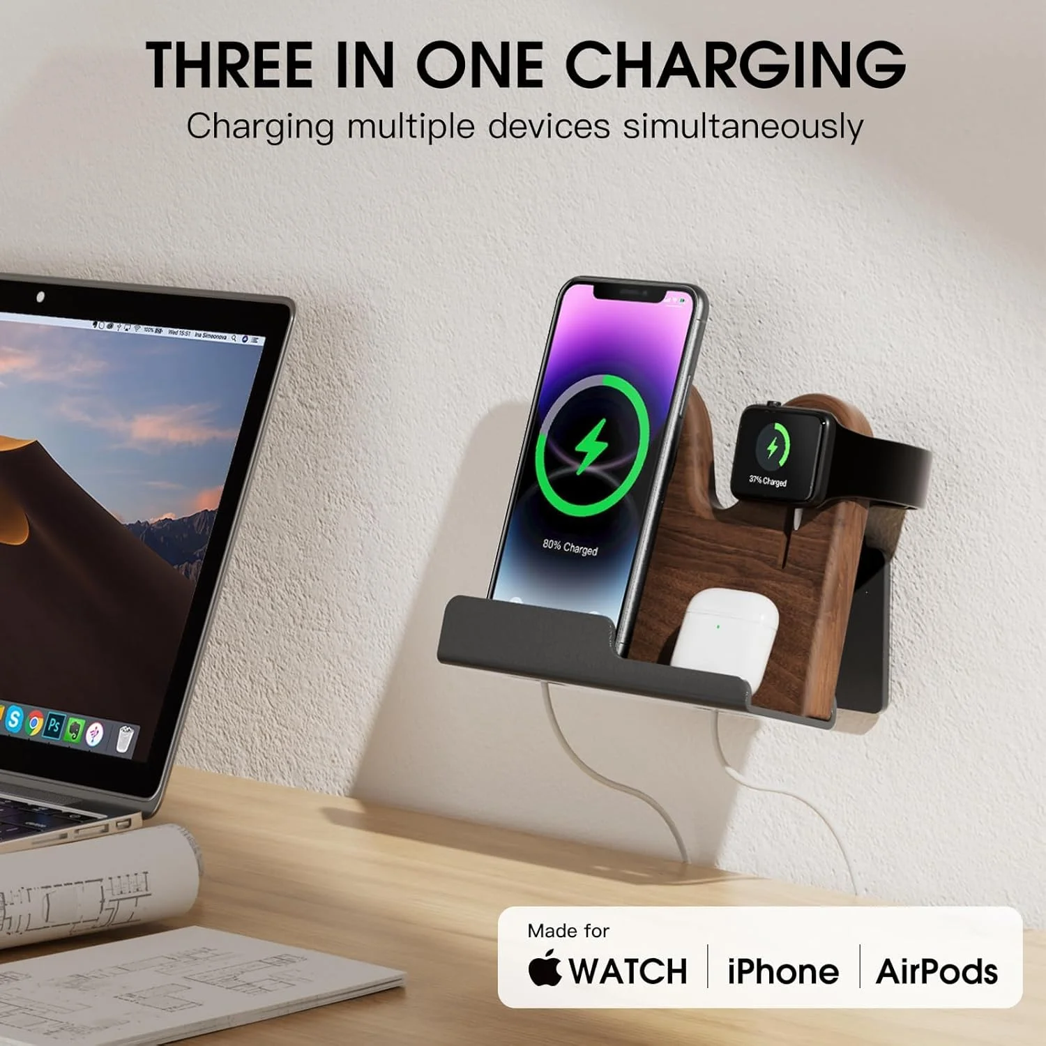 Wall Mount Compatible with magsafe charger stand, 3 in 1 Wood phone Holder for iPhone 15/15 Pro/14/13/12 Series, Compatible with Apple Watch, AirPods, Magsafe Accessories[MagSafe Charger Not Included]