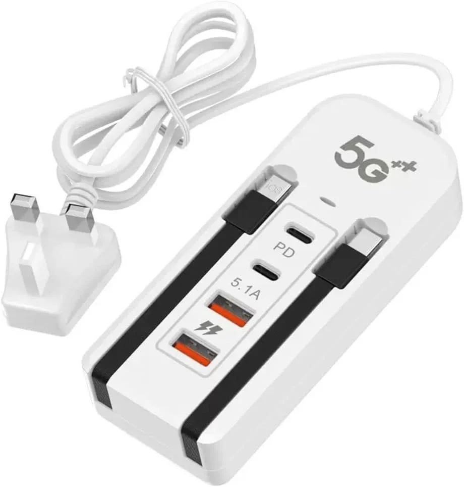 USB C Charging Station 66W 4-Port GaN Fast Charger Plug Dual PD 2Type C and QC 3.0 2USB-A Fast Charging Port with USB-C/IOS Cable Wall Charger Plug Adapter for iphone/Android White