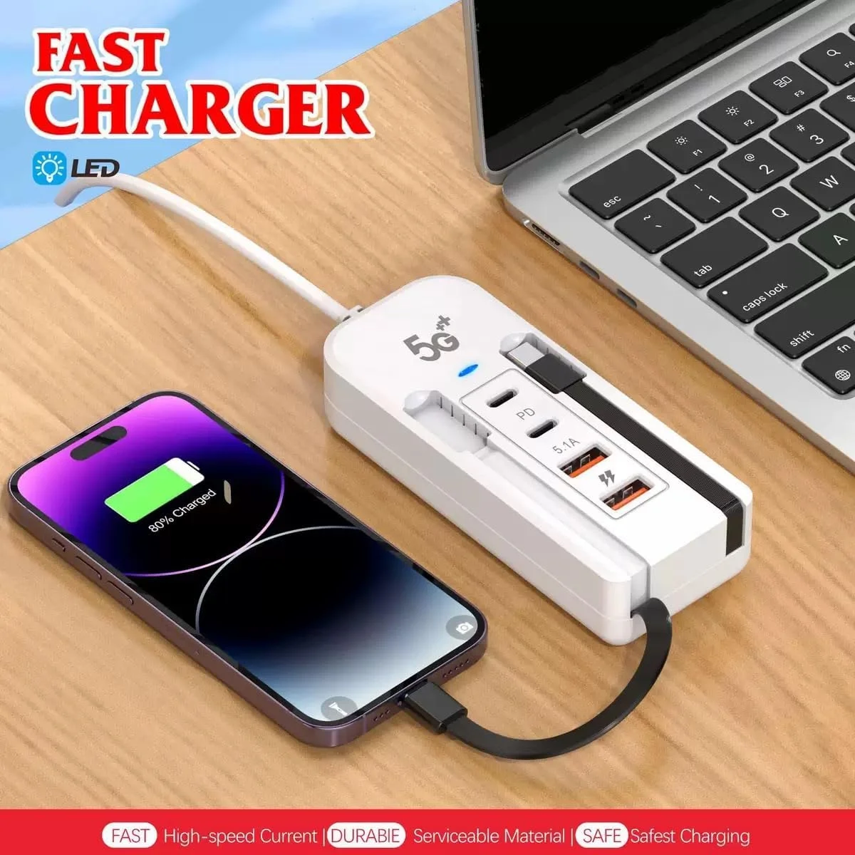 USB C Charging Station 66W 4-Port GaN Fast Charger Plug Dual PD 2Type C and QC 3.0 2USB-A Fast Charging Port with USB-C/IOS Cable Wall Charger Plug Adapter for iphone/Android White