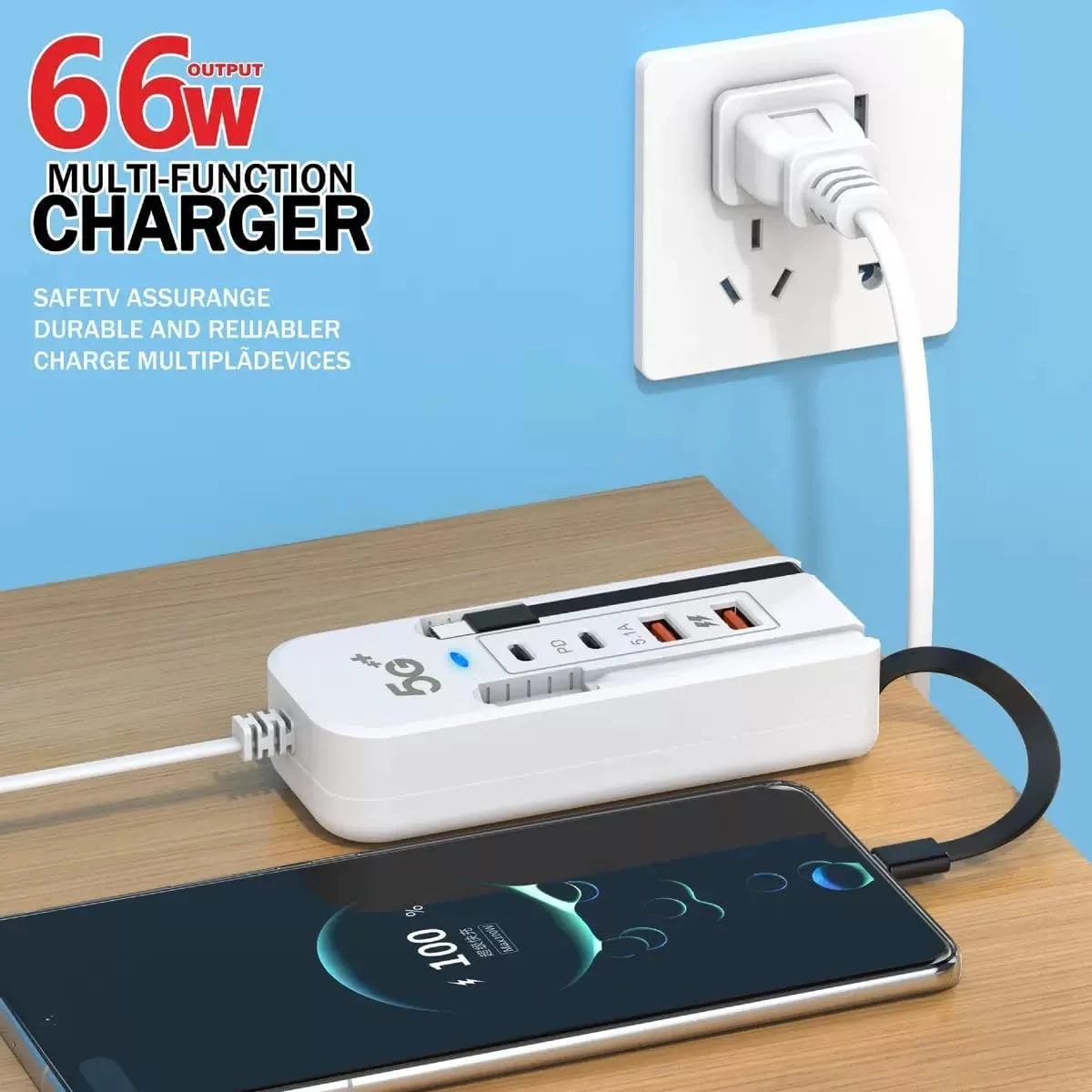 USB C Charging Station 66W 4-Port GaN Fast Charger Plug Dual PD 2Type C and QC 3.0 2USB-A Fast Charging Port with USB-C/IOS Cable Wall Charger Plug Adapter for iphone/Android White