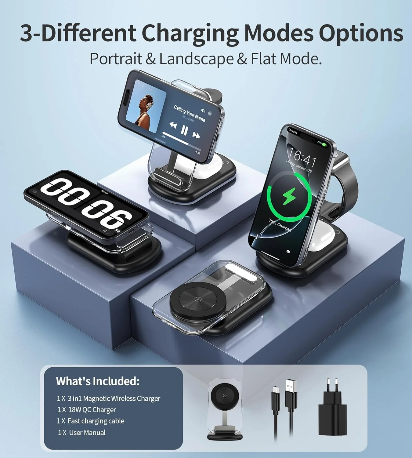 Charging Station, 3 in 1 Charger, Adjustable Angle Foldable with Atmospheric Light, Compatible with iWatch Phone/AirPods for iWatch iPhone 16/15/14/13, Black