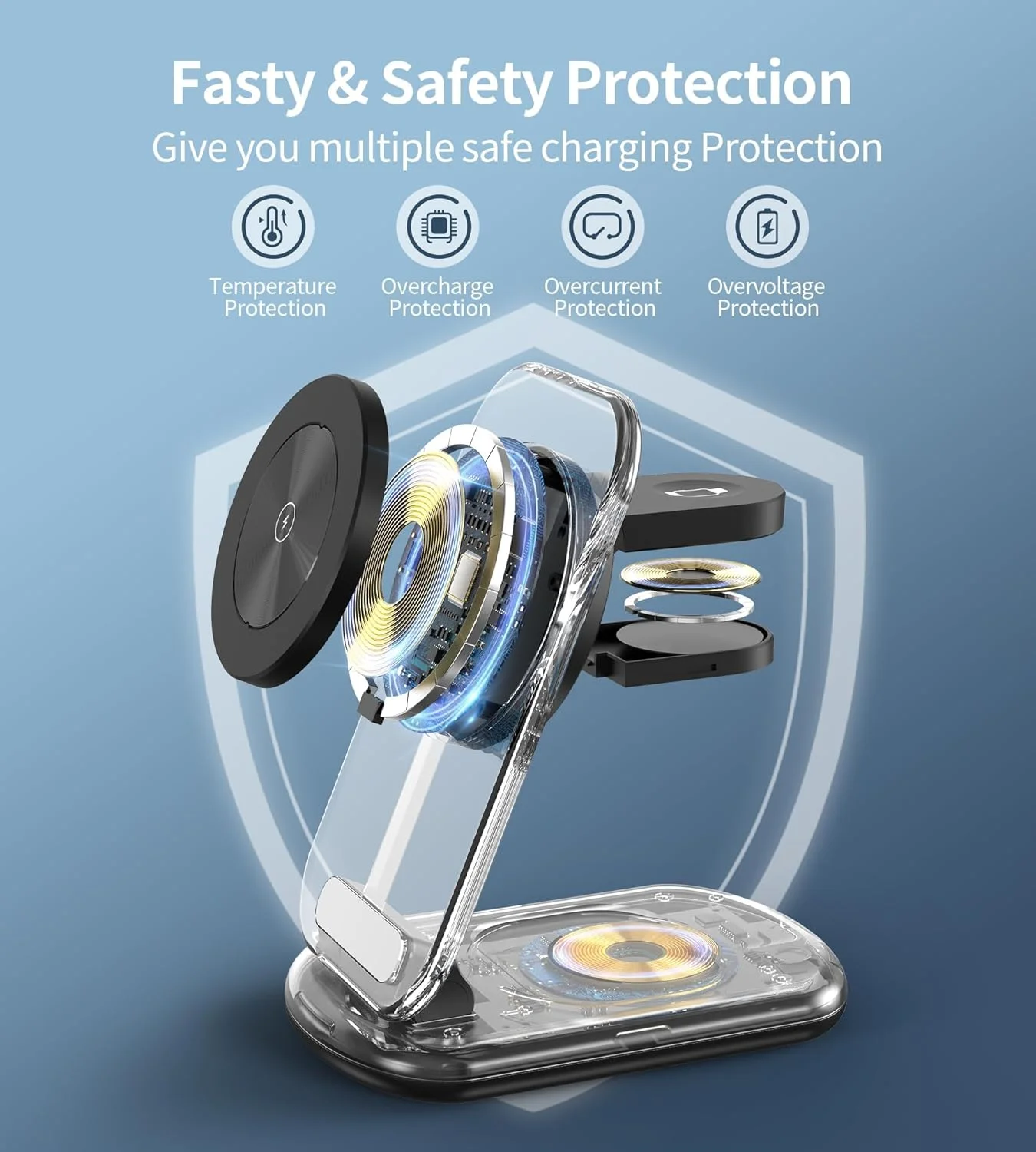 Charging Station, 3 in 1 Charger, Adjustable Angle Foldable with Atmospheric Light, Compatible with iWatch Phone/AirPods for iWatch iPhone 16/15/14/13, Black