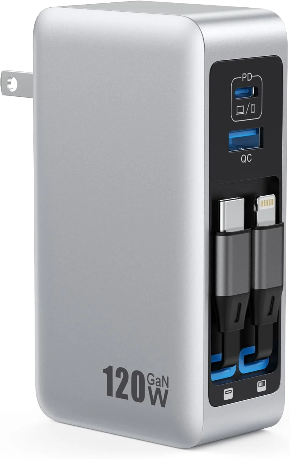 120W USB C Charger Block with 2 Built-in Retractable Cables,4-in-1 GaN IV Foldable Plug Wall Charger Fast Charging Station,PD 65W Laptop Adapter for MacBook/iPad,iPhone 17/16/15/14,Galaxy,Android etc