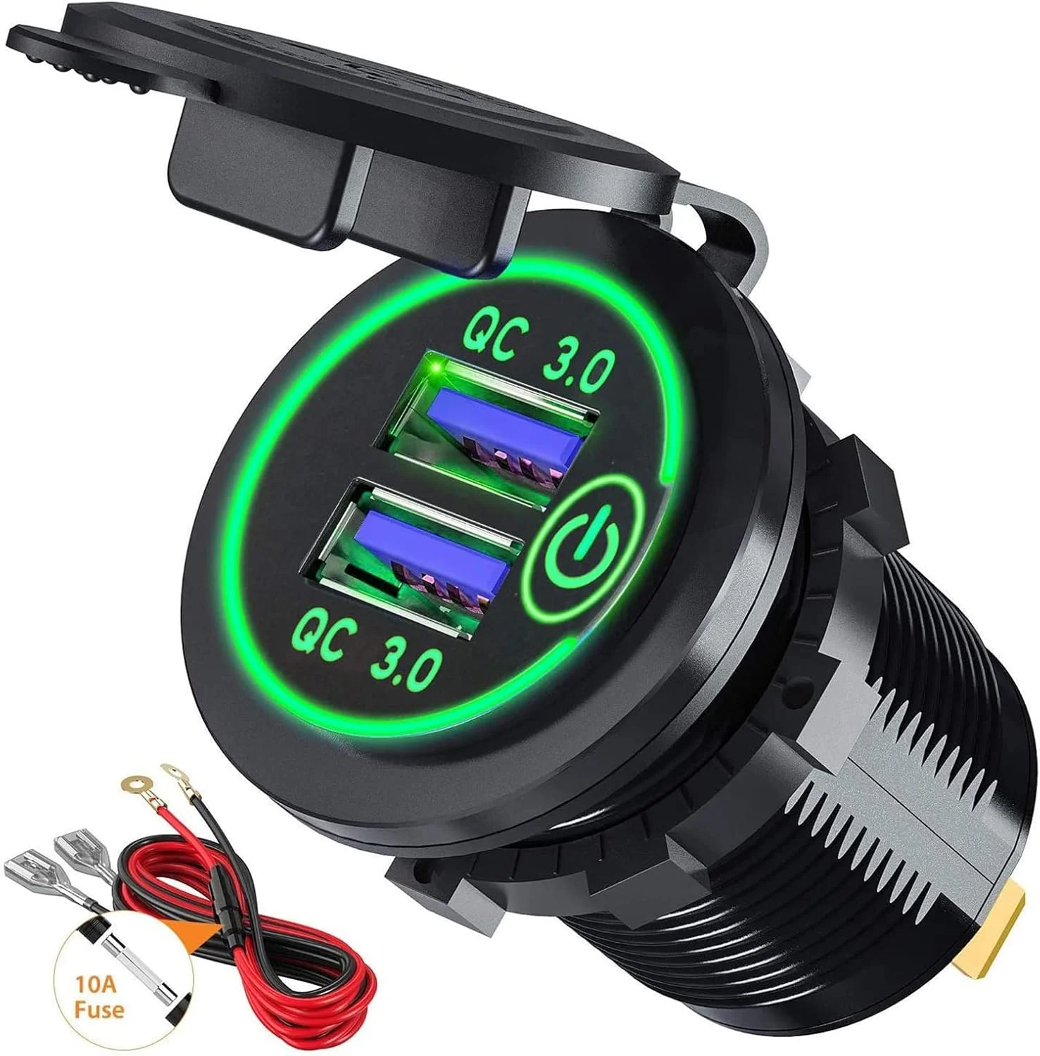 Car Charger, Quick Charge 4.0 PD Type C and 3.0 USB Socket, 12V/24V USB Outlet Car Power Outlet Waterproof With Dual Ports for Marine Boat Motorcycle Golf (Green)