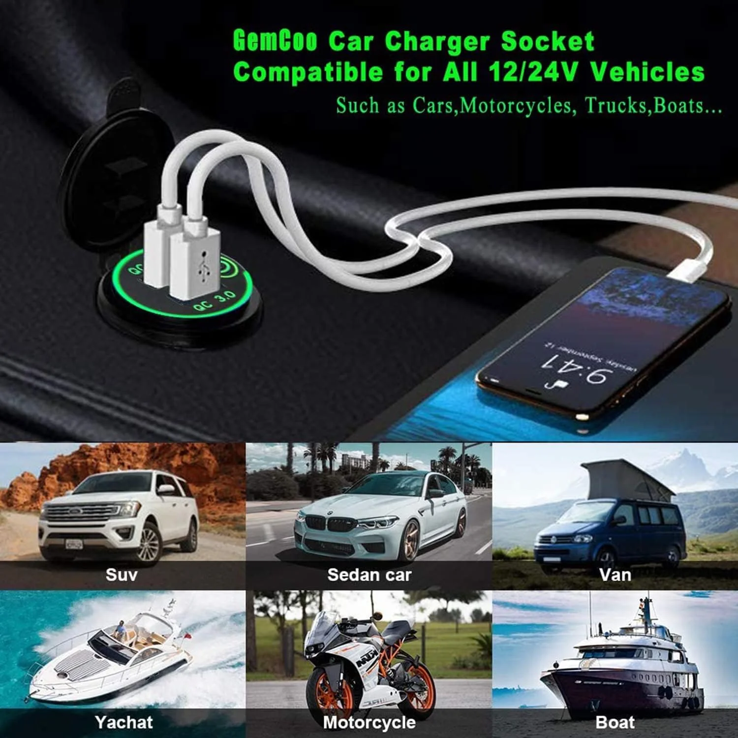 Car Charger, Quick Charge 4.0 PD Type C and 3.0 USB Socket, 12V/24V USB Outlet Car Power Outlet Waterproof With Dual Ports for Marine Boat Motorcycle Golf (Green)