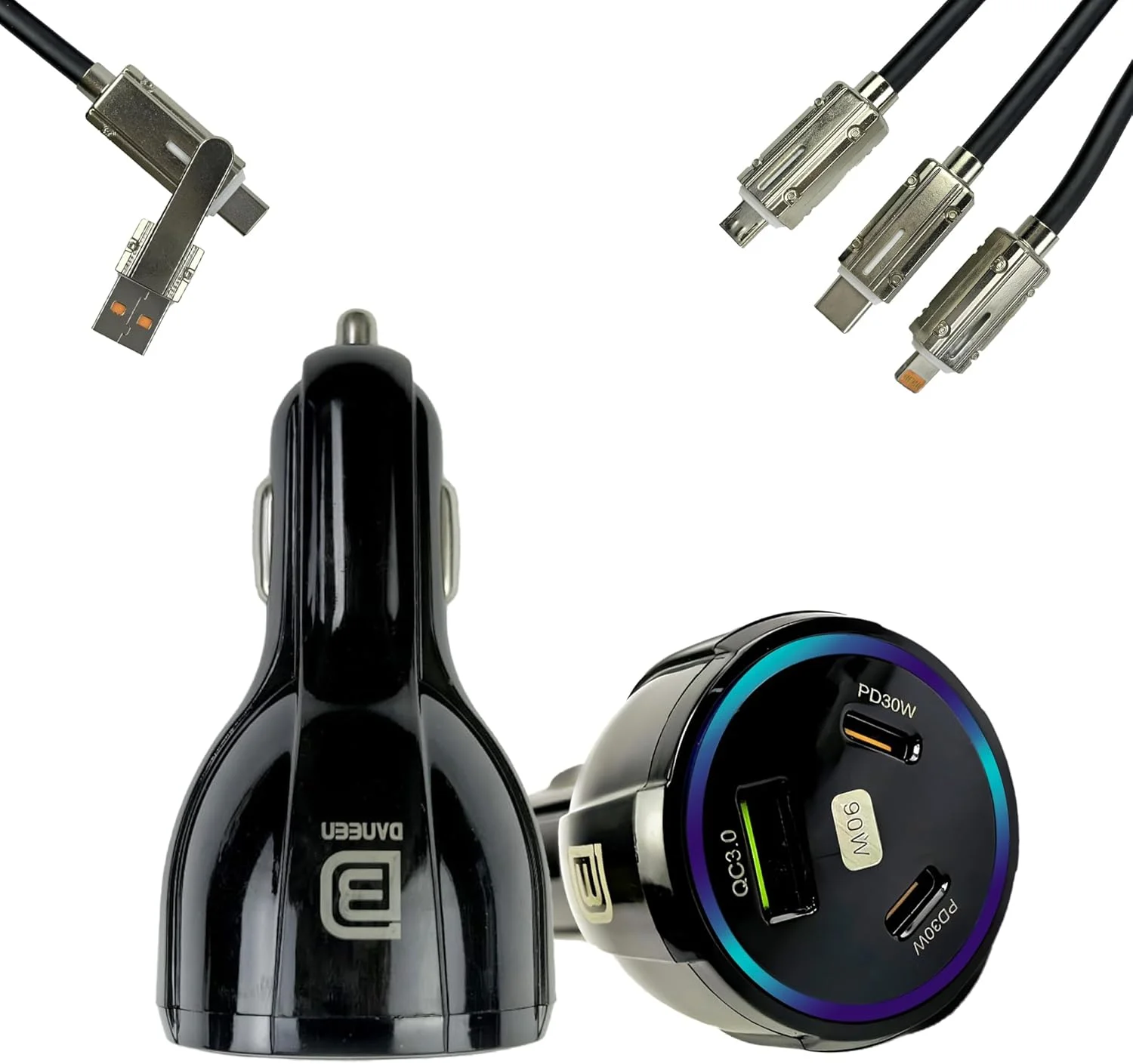 DANEEN Car Mobile Charger, 90W Fast charging power adapter having 1USB, 2 Type-C Ports, 1.2m long 3in1 multi charger cable, Multi-Device Compatible for Macbook Air/Pro,Samsung, iPhone 16(Black)