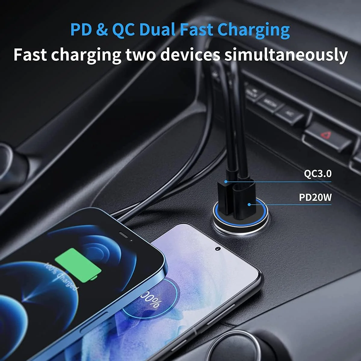 USB C Car Charger, 38W Fast USB Car Charger Adapter PD&QC 3.0 Dual Port for IPhone 13 12 11 Pro Max X XR XS 8, 20/10 S21/20/10 Google Pixel and More