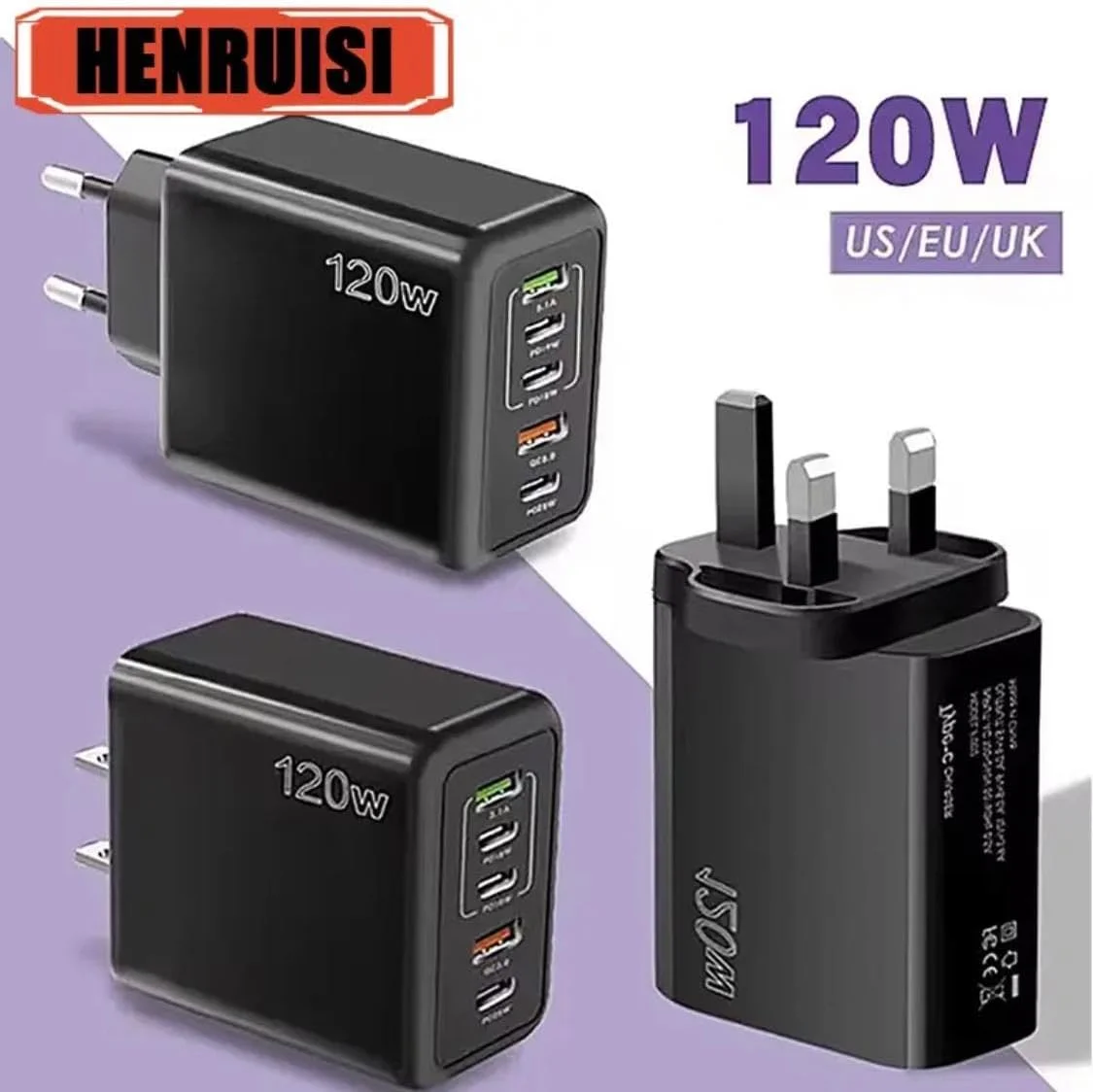 120W PD QC 3.0 Type C Fast Charger Adapter, 5-Port USB A & USB C Fast Charging Adapter Compatible with Samsung Galaxy S23/S22, Iphone 15/14/13 Pro Max, OnePlus, MacBook, Ipad, Laptop Charger (White)