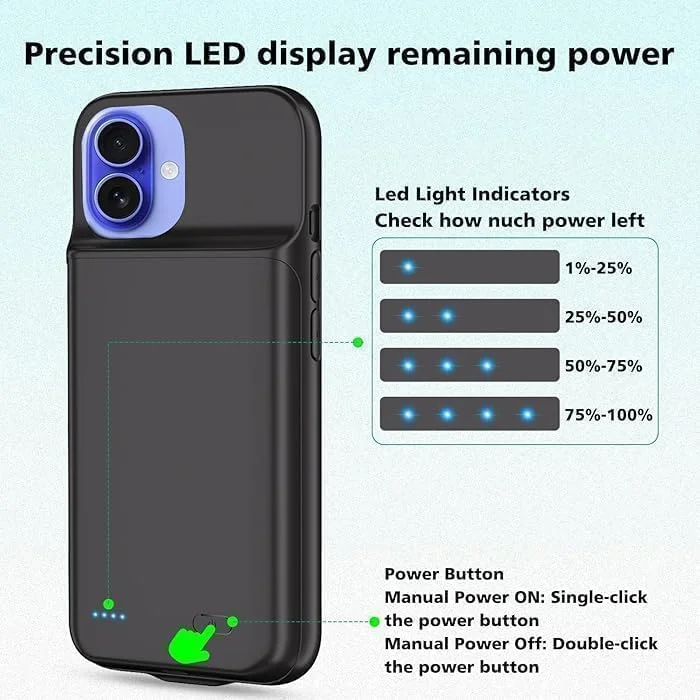 (7000mAh) Battery Case For iPhone 16, & New Upgrade High Capacity Rechargeable Charging Case, Protective Portable Smart Backup Charger Cover For iPhone 16 (6.1" Inch/Black)