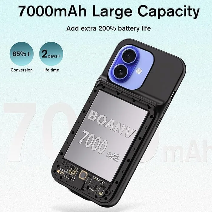 (7000mAh) Battery Case For iPhone 16, & New Upgrade High Capacity Rechargeable Charging Case, Protective Portable Smart Backup Charger Cover For iPhone 16 (6.1" Inch/Black)