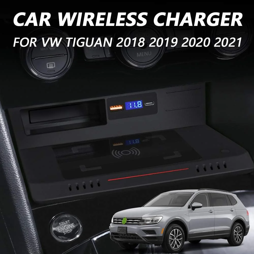 Car Wireless Charger for VW Tiguan 2018 2019 2020 2021 Center Console Accessory Panel, 15W Fast Charging Phone Charger Pad with QC3.0 USB and 18W PD for iPhone 12/11/XS/XR Samsung S20/S10