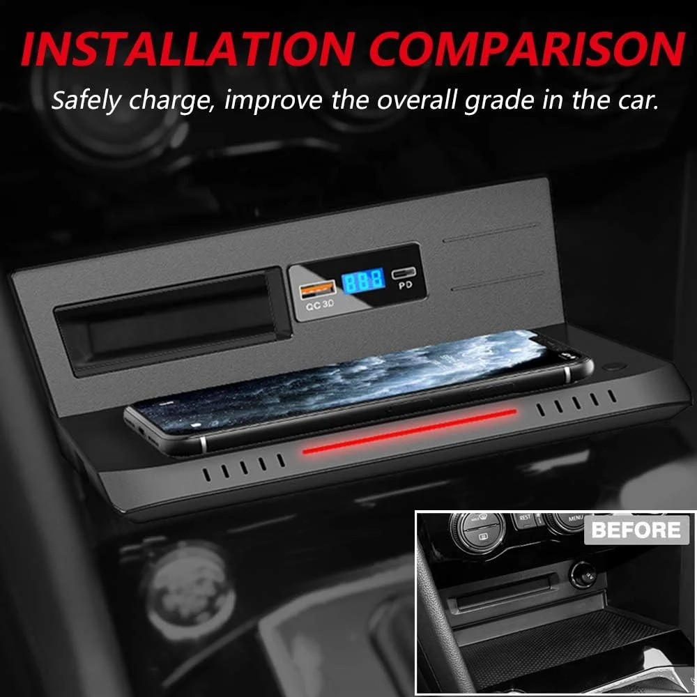 Car Wireless Charger for VW Tiguan 2018 2019 2020 2021 Center Console Accessory Panel, 15W Fast Charging Phone Charger Pad with QC3.0 USB and 18W PD for iPhone 12/11/XS/XR Samsung S20/S10