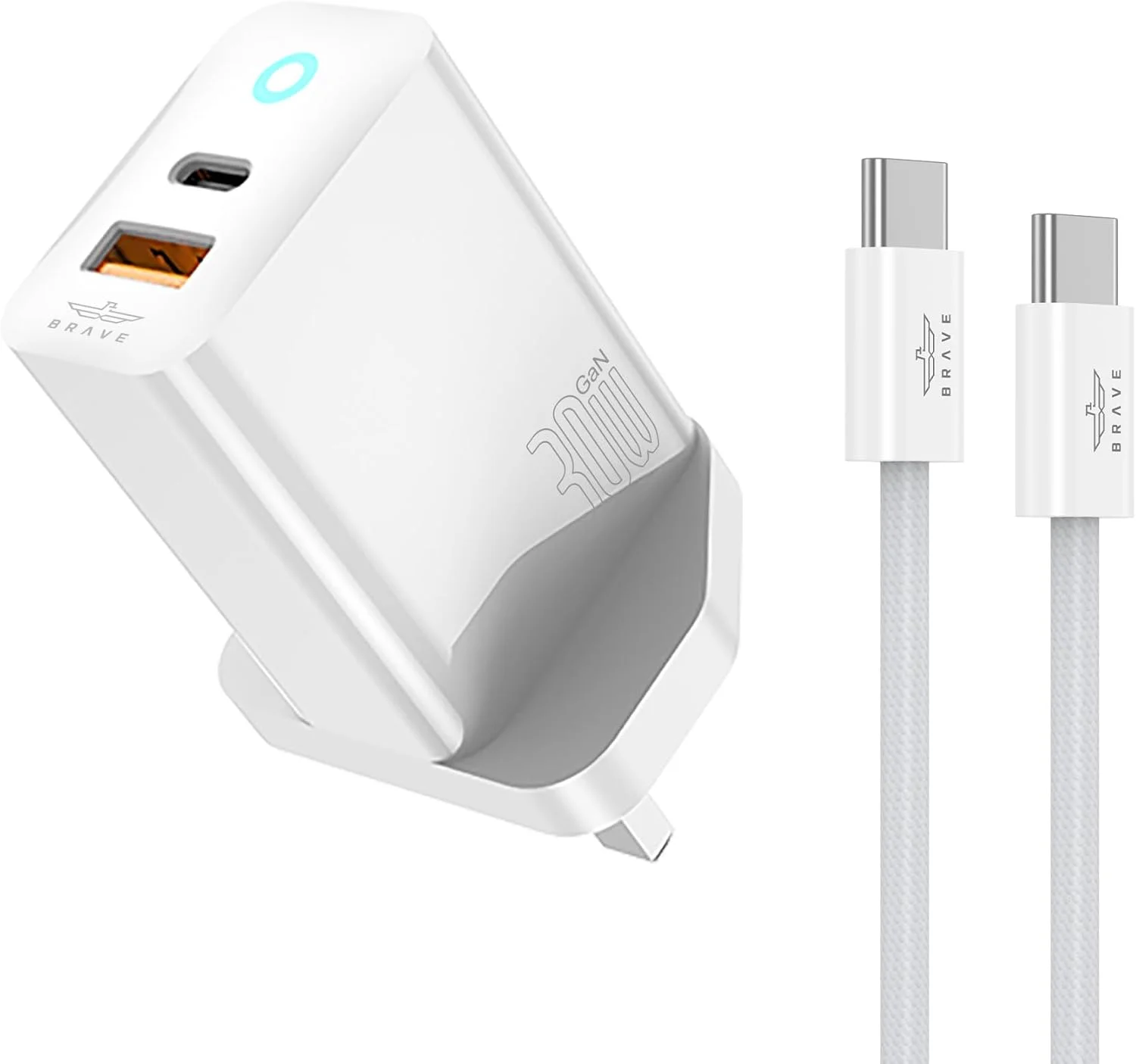 BRAVE 30W Dual Port Fast USB Charger Plug, [GaN Tech] USB C Charger Adapter with Fast 60W Type C Cable Compatible with iPad Pro/Air, iPhone 15 Pro Max, Samsung Galaxy S24 Ultra, etc (BTC-29)