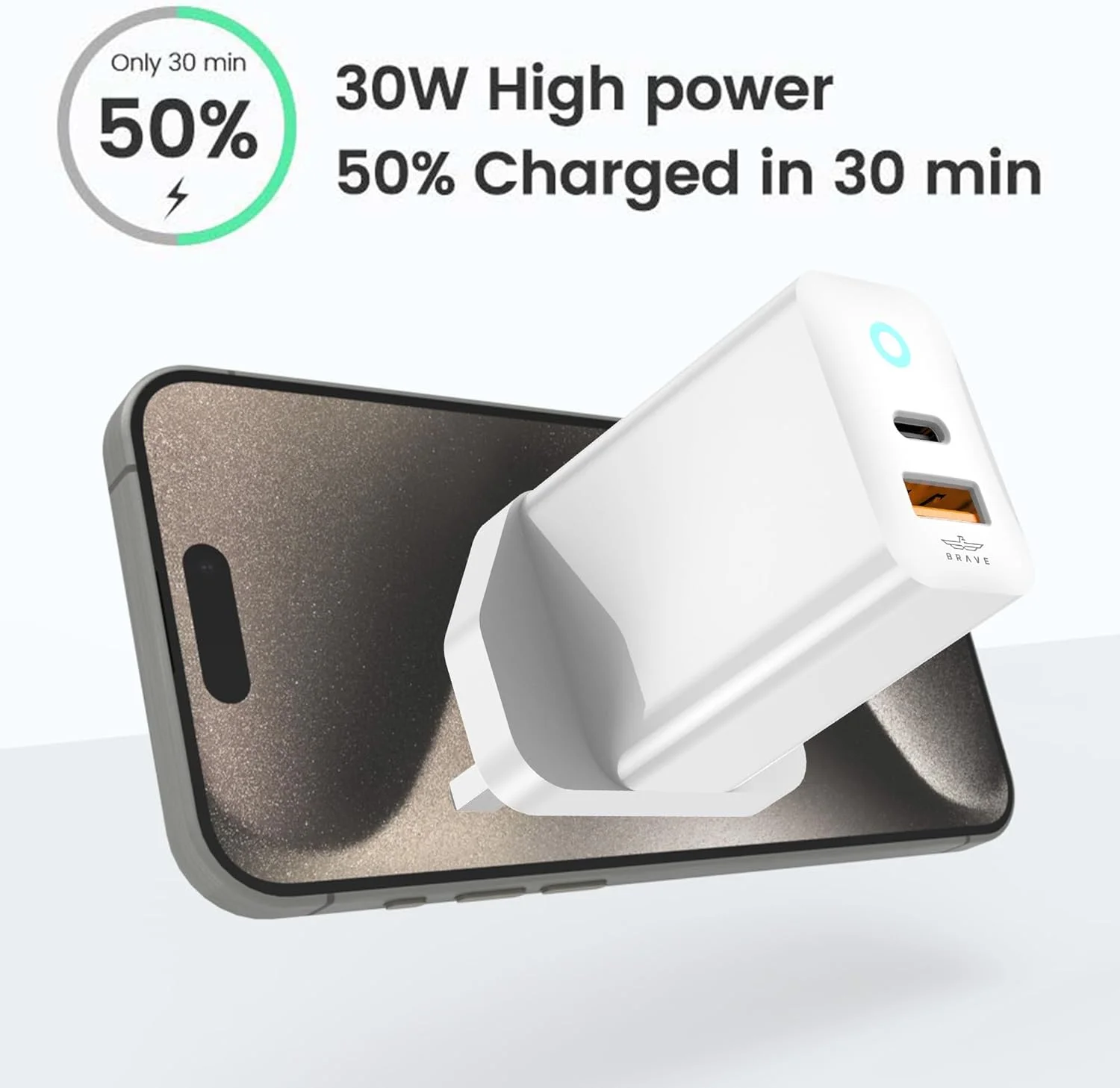 BRAVE 30W Dual Port Fast USB Charger Plug, [GaN Tech] USB C Charger Adapter with Fast 60W Type C Cable Compatible with iPad Pro/Air, iPhone 15 Pro Max, Samsung Galaxy S24 Ultra, etc (BTC-29)