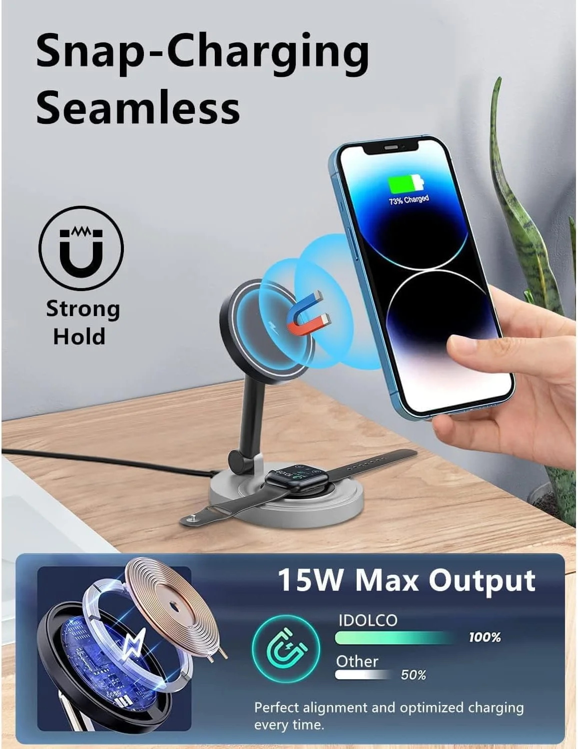 Bolivia's Magnetic Phone Charger, Magnetic Wireless Charger Stand for Mag-Safe Charger, Magnetic Wireless Charger, 15W Fast Charging Station, 2-in-1 Dock for Phone, Watch, AirPods