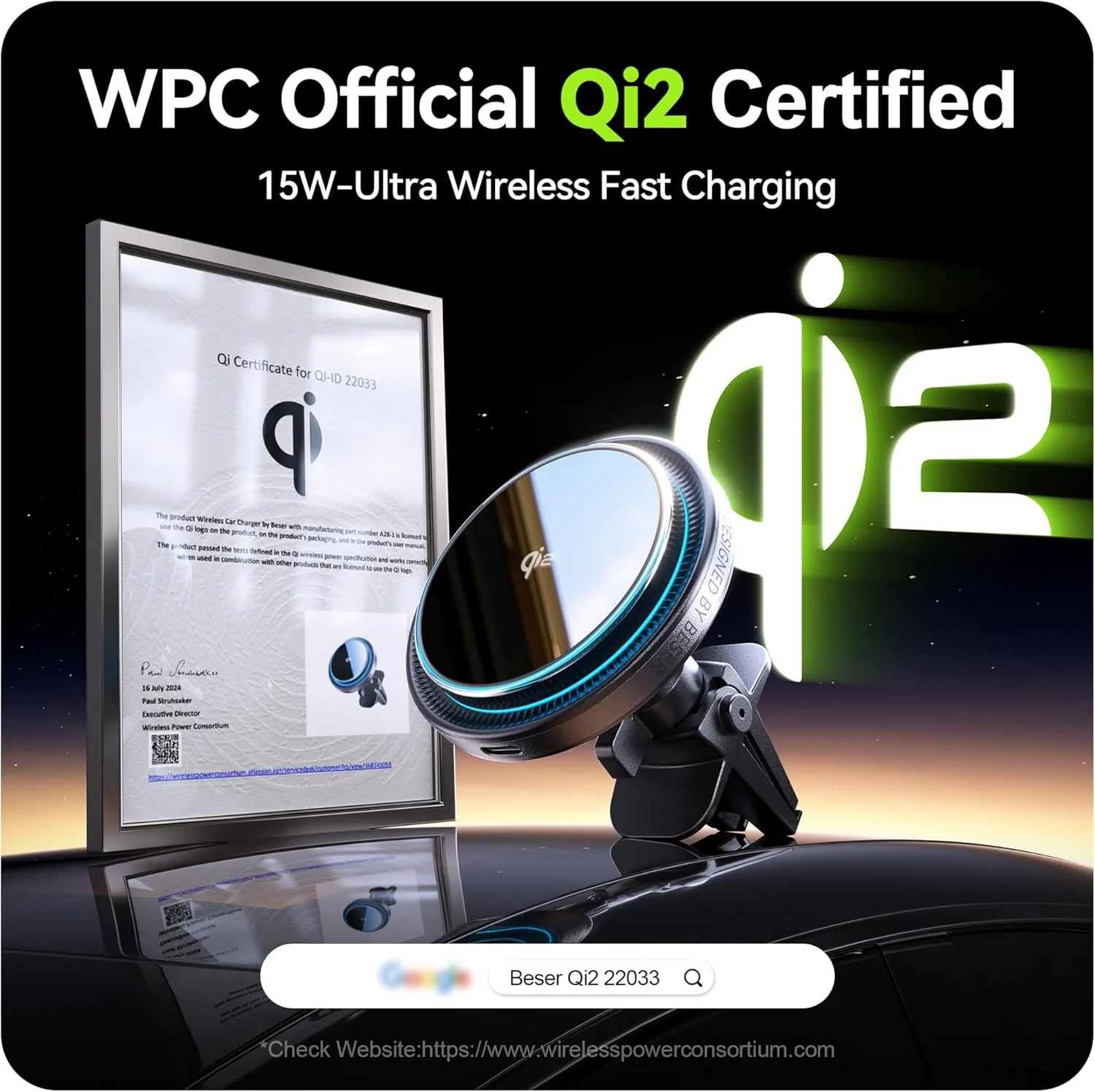 Beser Qi2 15W for MagSafe Car Mount Charger, (4.16 lbf) Strong Magnetic, Wireless Charger for Car, Vent/Dashboard, Phone Holder for iPhone 16/15/14/13/12 Series, Fast Charging, Aluminium, Black