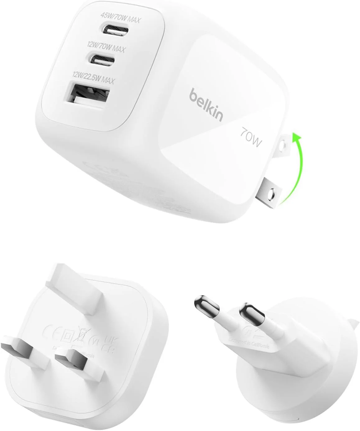 Belkin 3-Port USB-C Plug 70W, Multi-Port GaN Wall Charger with 2x USB-C & 1x USB A Ports, UK and US Plug Tips, Fast Charging for MacBook, iPhone 16, iPad, Samsung Galaxy S25, Google Pixel, etc - White