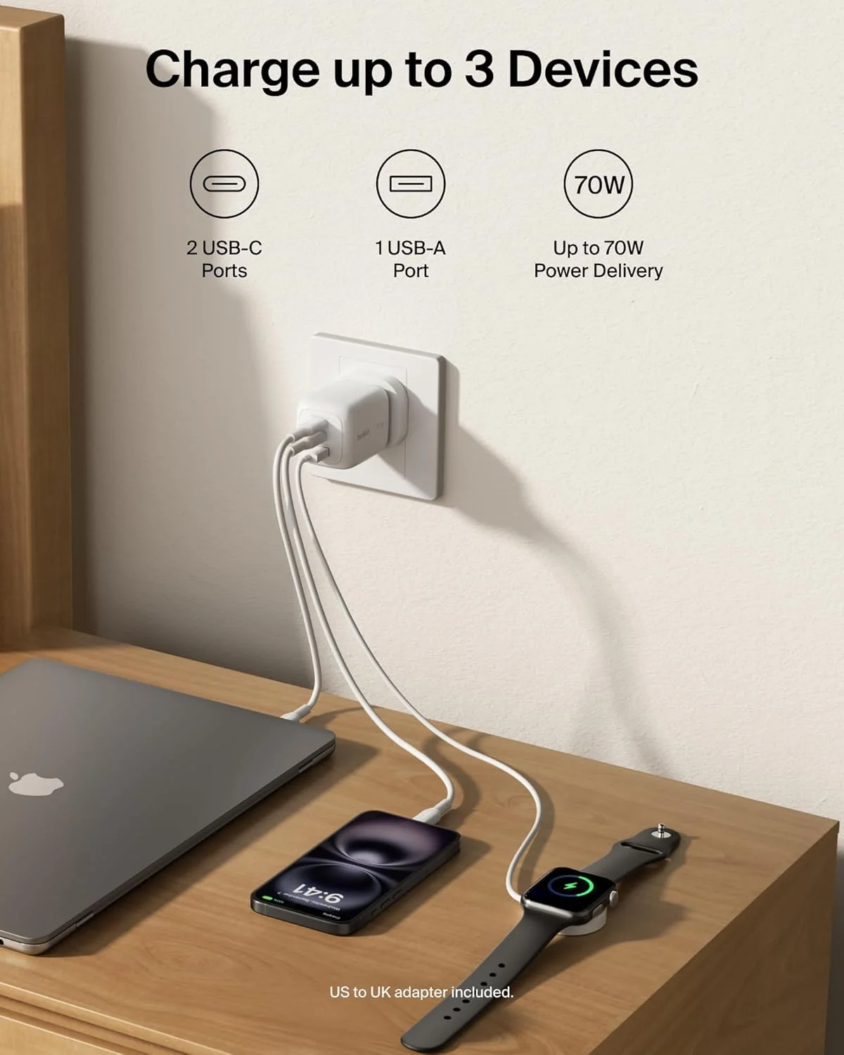 Belkin 3-Port USB-C Plug 70W, Multi-Port GaN Wall Charger with 2x USB-C & 1x USB A Ports, UK and US Plug Tips, Fast Charging for MacBook, iPhone 16, iPad, Samsung Galaxy S25, Google Pixel, etc - White Belkin 3-Port USB-C Plug 70W, Multi-Port GaN Wall Charger with 2x USB-C & 1x USB A Ports, UK and US Plug Tips, Fast Charging for MacBook, iPhone 16, iPad, Samsung Galaxy S25, Google Pixel, etc - White