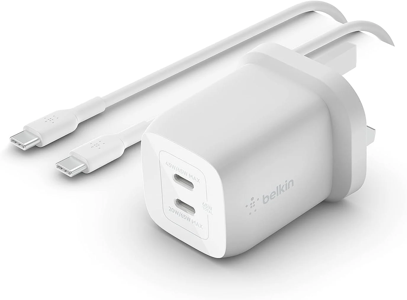 Belkin 65W Dual USB Type C Wall Charger, USB-C Cable Included, Fast Charging Power Delivery 3.0 with GaN Technology, USB C Plug for iPhone 17, Air, iPad, MacBook, Galaxy, Pixel and More