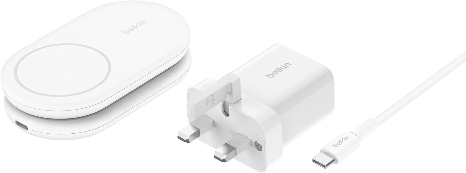 Belkin Fast Charge MagSafe Charger, Magnetic Foldable Wireless Charging Stand 15W, MagSafe-Compatible Portable Fast Charger for Qi2, iPhone 16, 15 & 14 Series, Standy Mode Ready, PSU Included - White