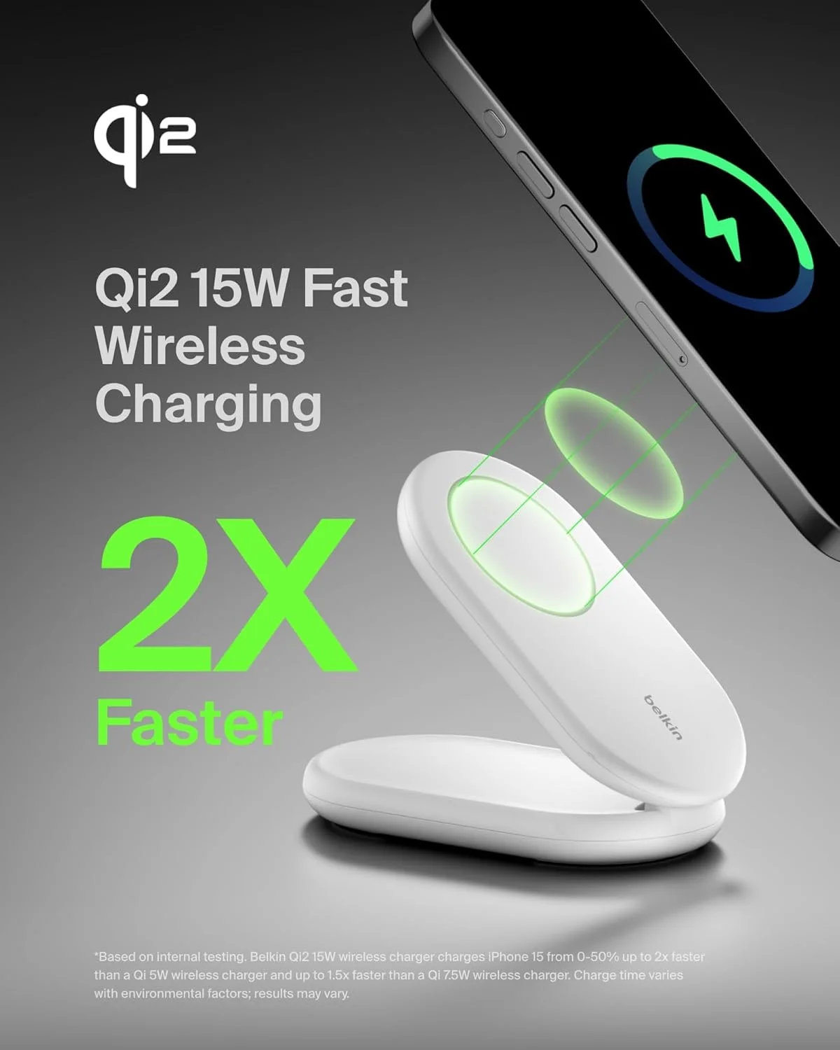 Belkin Fast Charge MagSafe Charger, Magnetic Foldable Wireless Charging Stand 15W, MagSafe-Compatible Portable Fast Charger for Qi2, iPhone 16, 15 & 14 Series, Standy Mode Ready, PSU Included - White