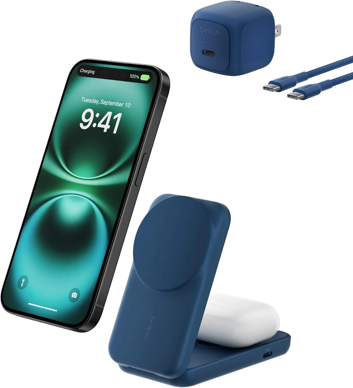 Belkin MagSafe Charger Compatible, 2-in-1 Charging Station, Qi2.2 25W Magnetic Wireless Charger Dock, Foldable Stand, with 5W USB-C Port, for iPhone 17/16/15, Pixel 10, AirPods (45W