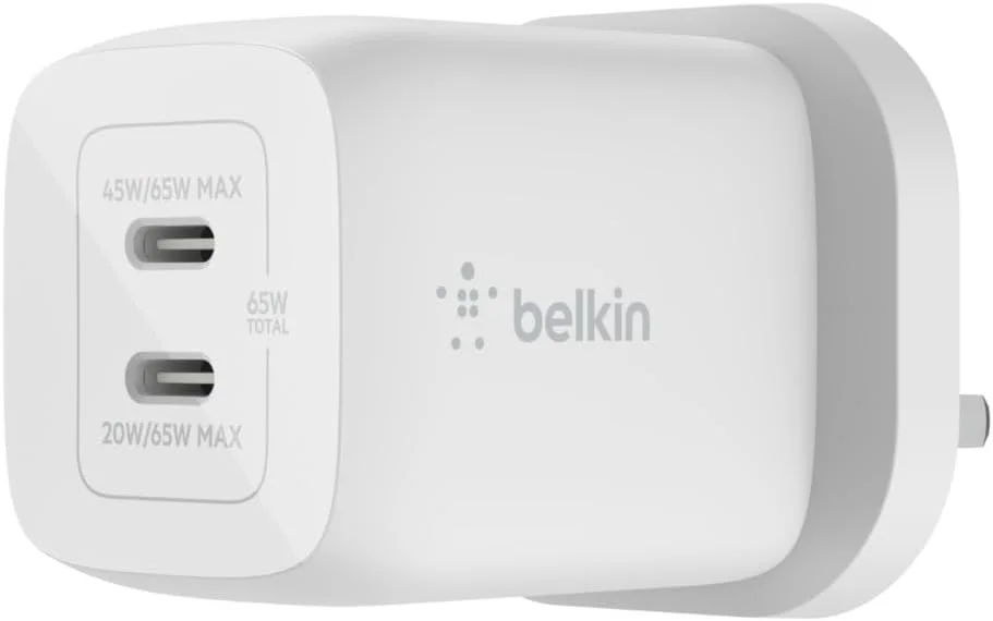 Belkin 65W Dual USB Type C Wall Charger, Fast Charging Power Delivery 3.0 with GaN Technology, USB Plug fast charger for iPhone 17, Air, iPad, MacBook, Samsung Galaxy S25, Pixel and More - White