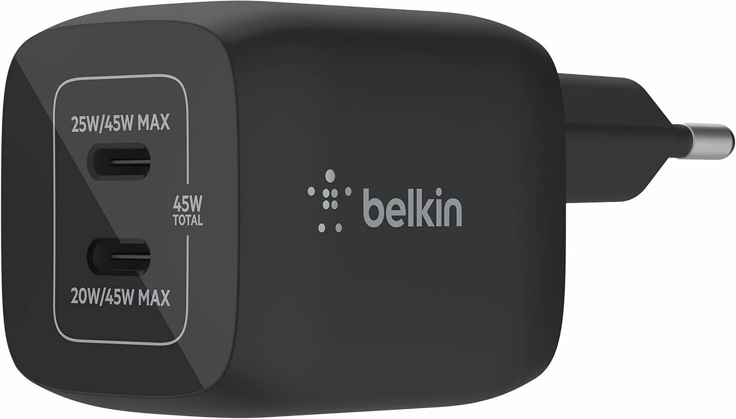 Belkin 45W Dual USB-C Wall Charger, PD 3.0 Fast Charging with GaN Technology for iPhone 14, 13, 12, Pro, Pro Max, iPad Pro 12.9, 11, MacBook, Galaxy S23, S23+, Ultra, Tab and More