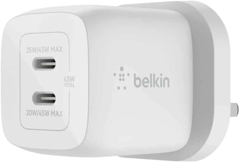 Belkin 45W Dual USB Type C Wall Charger, Fast Charging Power Delivery 3.0 with GaN Technology, USB C Charger for iPhone 17, iPhone Air, iPad Pro, MacBook, Samsung Galaxy S25, Pixel And More - White