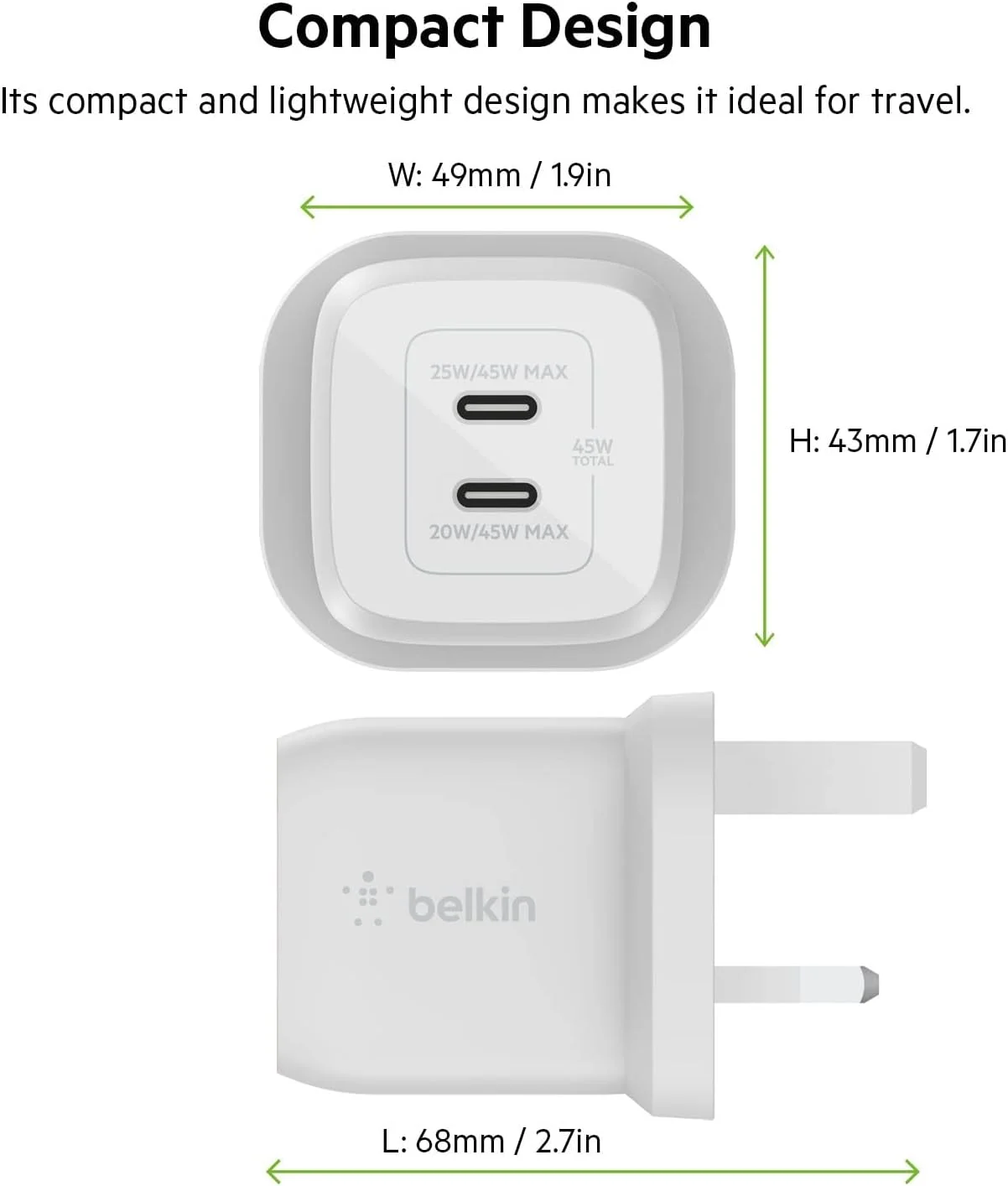 Belkin 45W Dual USB Type C Wall Charger, Fast Charging Power Delivery 3.0 with GaN Technology, USB C Charger for iPhone 17, iPhone Air, iPad Pro, MacBook, Samsung Galaxy S25, Pixel And More - White Belkin 45W Dual USB Type C Wall Charger, Fast Charging Power Delivery 3.0 with GaN Technology, USB C Charger for iPhone 17, iPhone Air, iPad Pro, MacBook, Samsung Galaxy S25, Pixel And More - White
