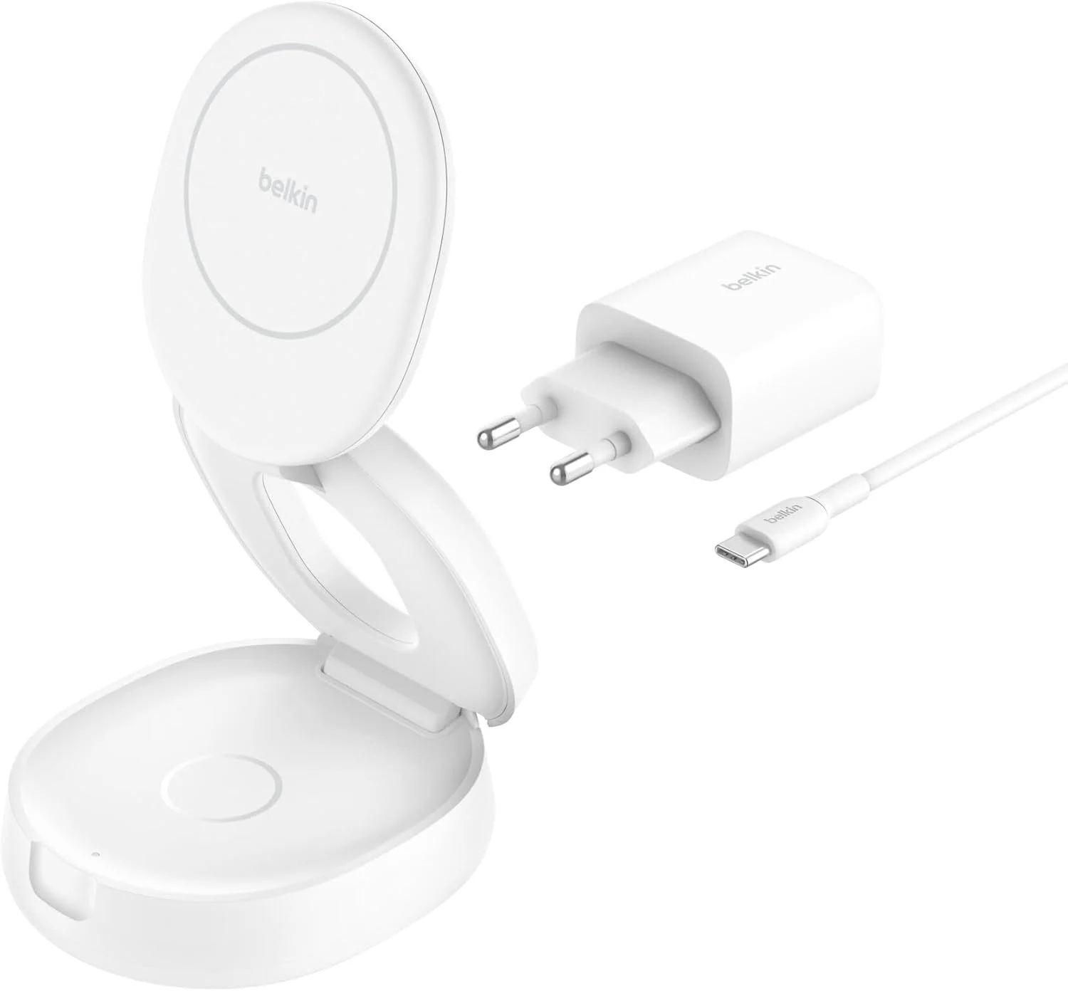 Belkin BoostCharge 2-in-1 Magnetic Foldable Charger Charging Dock for MagSafe Qi2 Certified 15W for iPhone 17, iPhone Air, AirPods, Pixelsnap, 30W Adapter Included - White