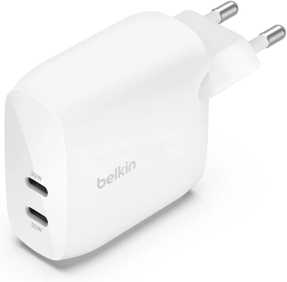 Belkin BoostCharge Dual USB-C Plug with PPS 60W for Apple iPhone, iPad, Samsung Galaxy, Google Pixel - Compatible w/USB-C to Lightning Cable & USB-C to USB-C - White