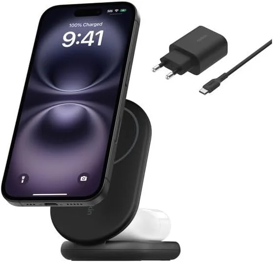 Belkin BoostCharge Magnetic Foldable Qi2 Charger 2 in 1 Power 15W MagSafe Compatible Wireless Charger for Apple iPhone 16/15/14/13 with Non-slip Base, Power Supply Included - Black