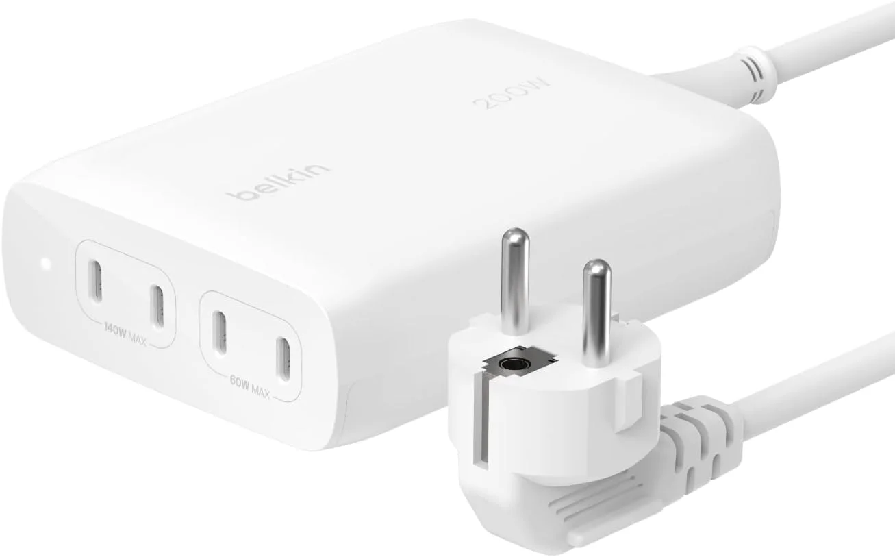 Belkin BoostCharge Pro 4-Port USB-C GaN Wall Charger, 200W Multi-Port Charger w/USB-C PD 3.1 Fast Charge + 1.5m Power Cord for MacBook Pro, iPhone 15 Series, iPad Pro, Galaxy S24, Google Pixel & More