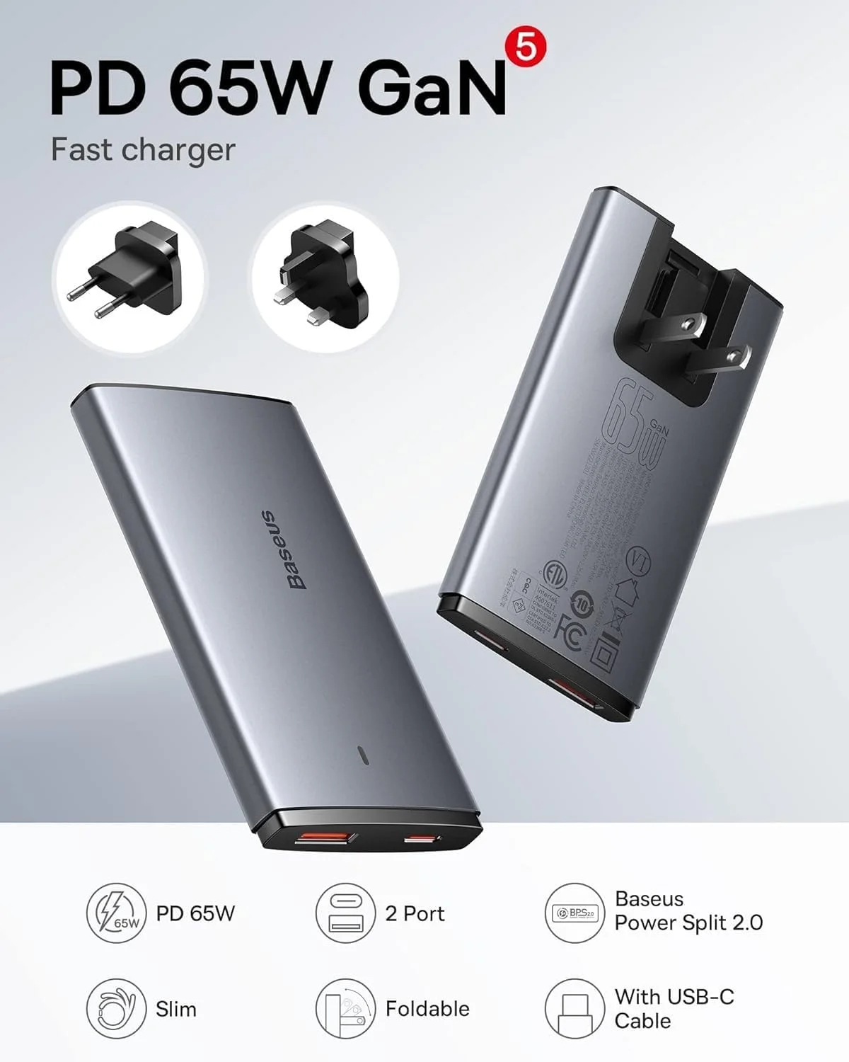 Baseus 65W Ultra-Slim Fast Charger, Dual Port Travel Adapter, UK + EU + US Wall Charger Plug With 100W USB C Cable for MacBook Pro/Air, iPad Pro/Air, iPhone 15 Pro Max, Samsung S24 Ultra, Laptops, etc