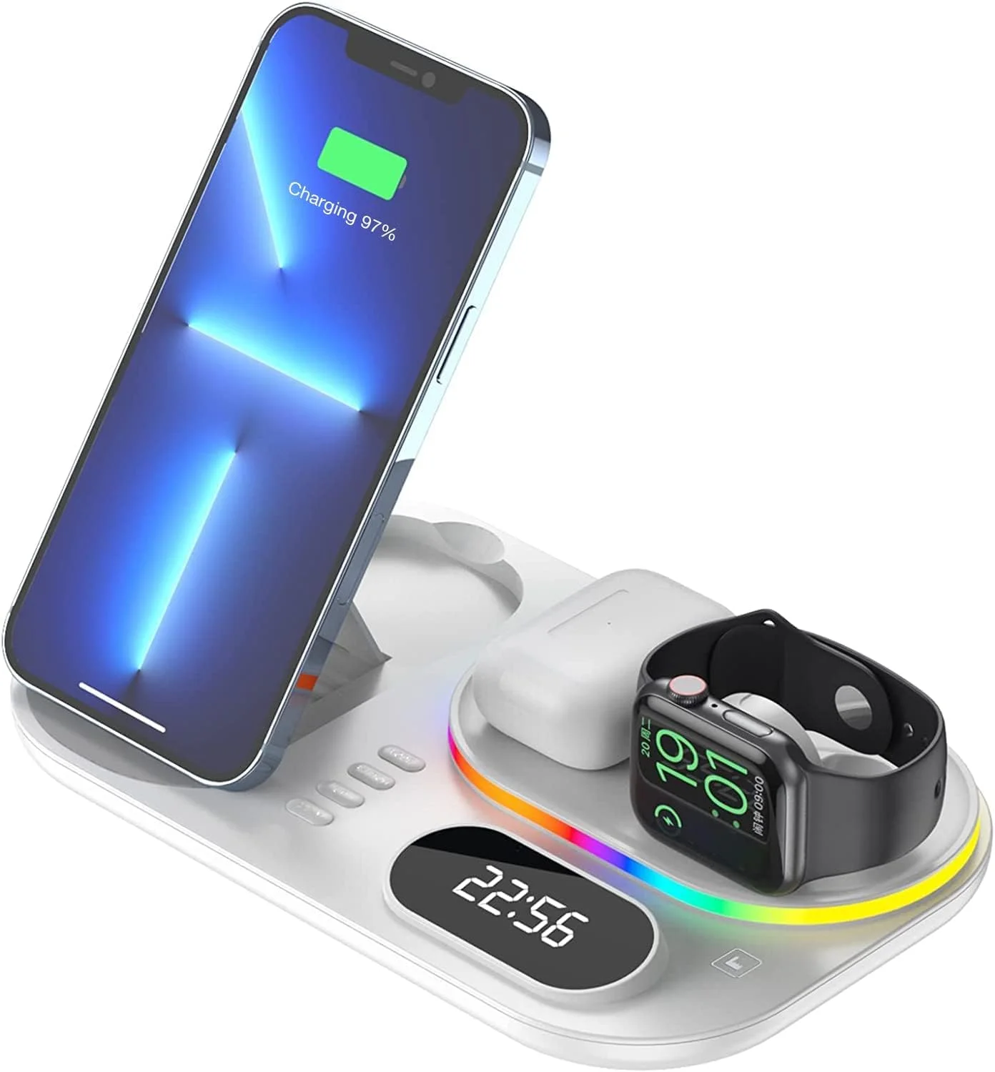 Azonee 3 in 1 Fast Wireless Charging Station, Foldable Wireless Charger with Alarm Clock Night Light Travel, for iPhone 15-12 Series, Apple Watch Series 1-9 Ultra And AirPods 3/2/1/Pro (White)