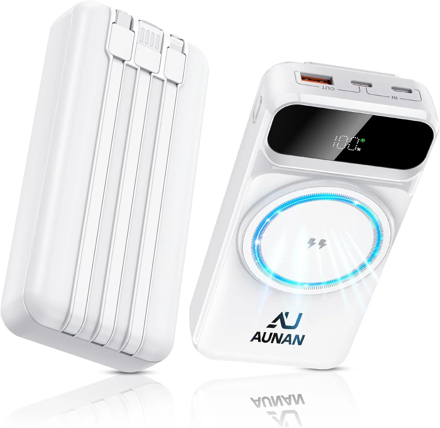 Magnetic Power Bank 20000mAh, Portable Charger 22.5W Fast Charging, Wireless Charger with 4 Built-in Cables, LCD Display, for iPhone 16 Pro Max/15/14 Pro Max, Android, Tablets & More, White