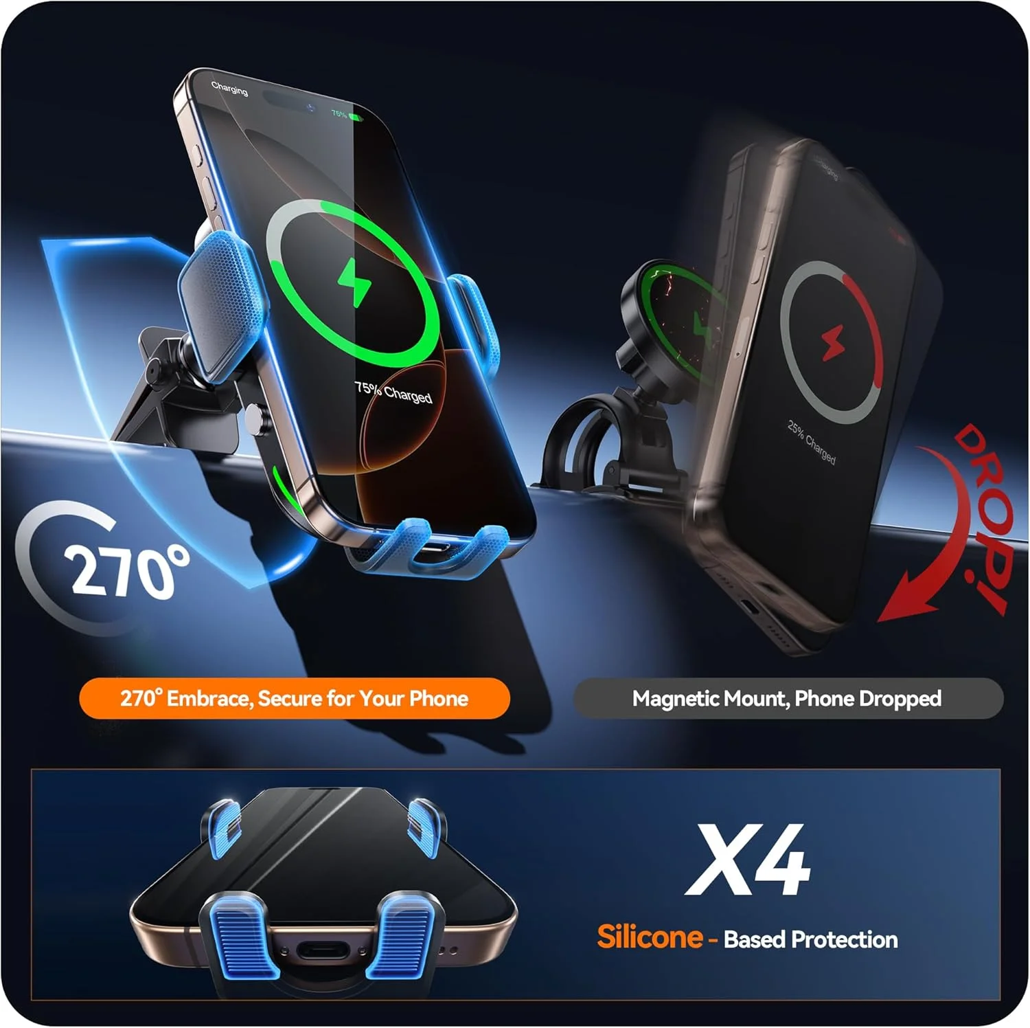 Auckly Qi 15W Car Phone Holder Wireless Charger, [270 ° Automatic Clamping], Wireless Car Charger Mount, Air Vent, Compatible for iPhone 12 13 14 15 Series & Samsung, Electromagnetic Induction, Black