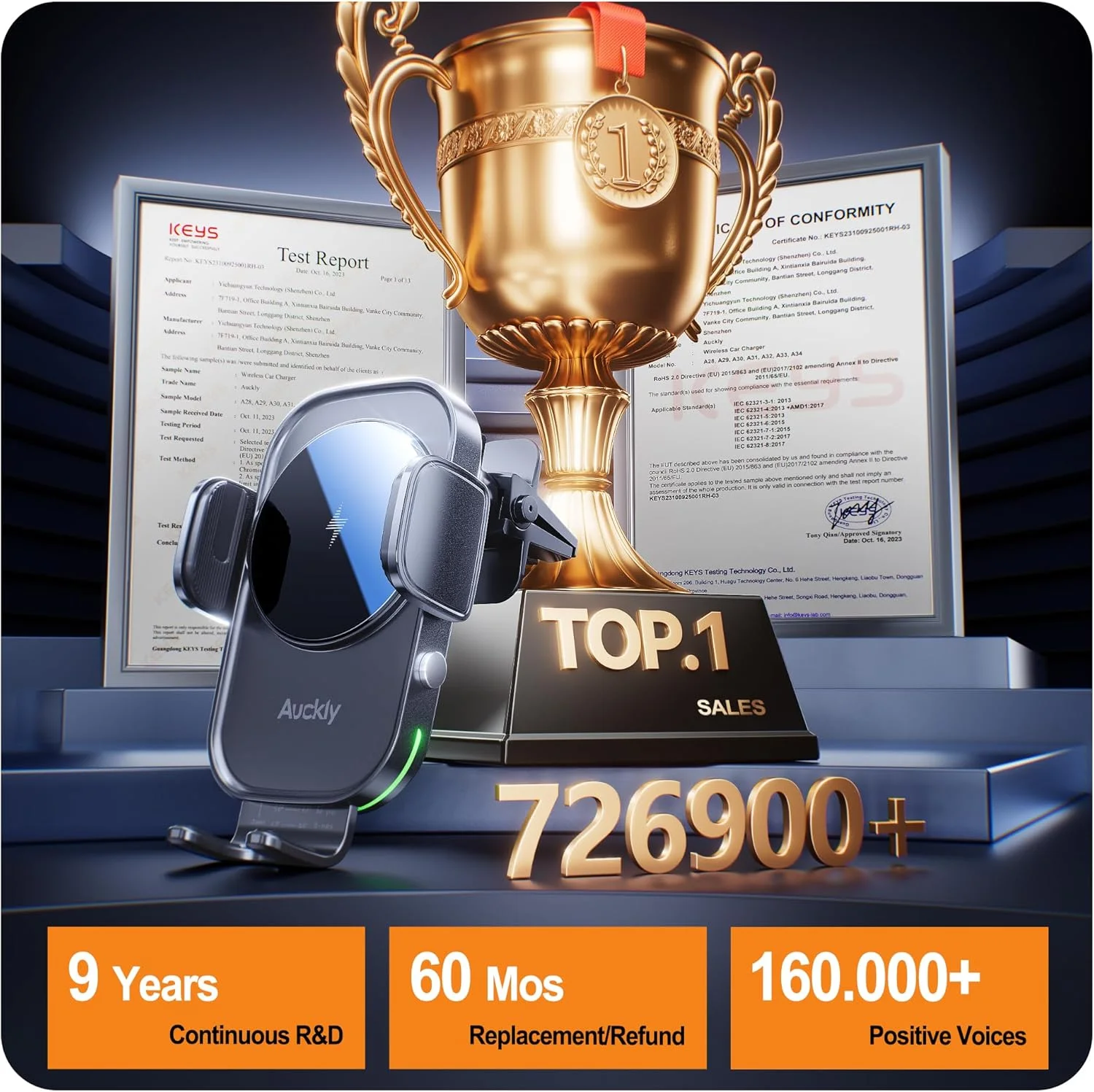 Auckly Qi 15W Car Phone Holder Wireless Charger, [270 ° Automatic Clamping], Wireless Car Charger Mount, Air Vent, Compatible for iPhone 12 13 14 15 Series & Samsung, Electromagnetic Induction, Black