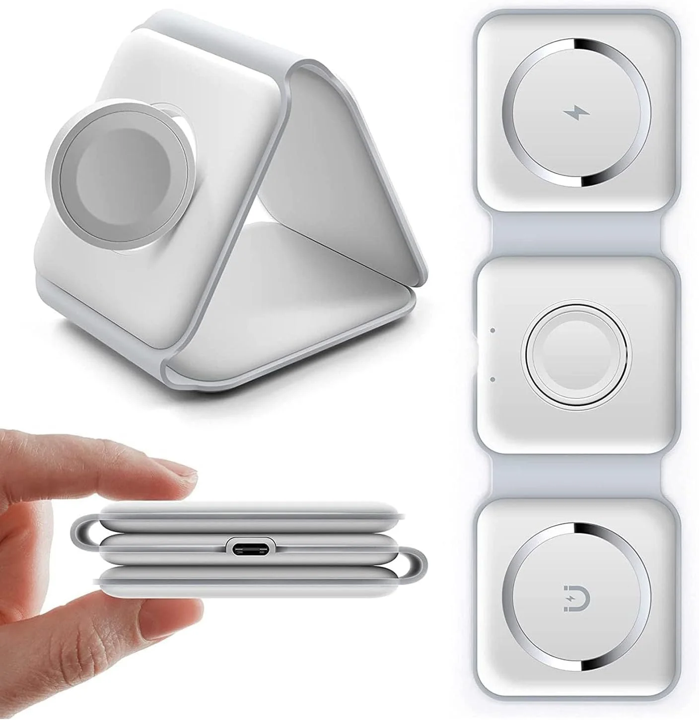 3 in 1 Wireless Charger, USB 3 in 1 Wireless Charger, Overheating Overload Protection Fast Wireless Charging Pad for all support wireless charging Phone, Magnetic Foldable Charging Station