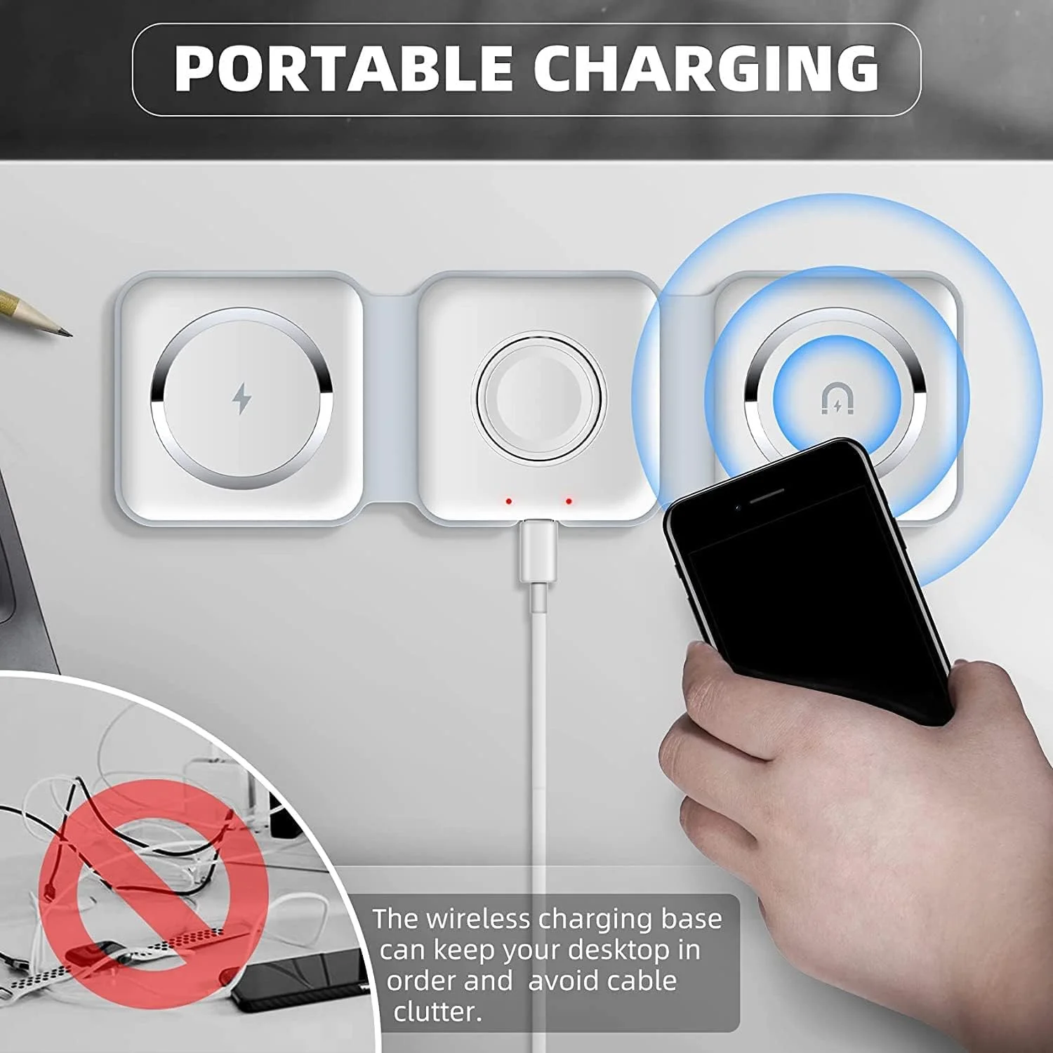 3 in 1 Wireless Charger, USB 3 in 1 Wireless Charger, Overheating Overload Protection Fast Wireless Charging Pad for all support wireless charging Phone, Magnetic Foldable Charging Station